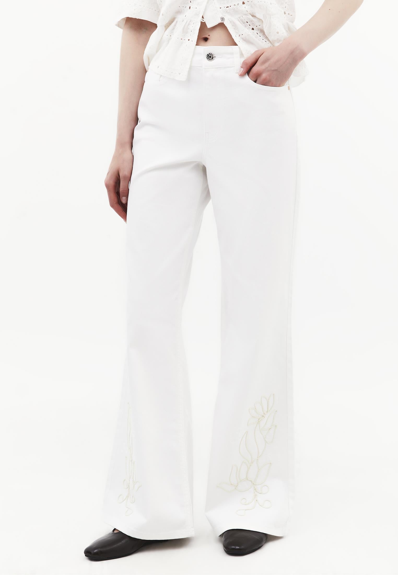 High Waist Wide Leg Embroidered Denim Pants - WHITE DENIM