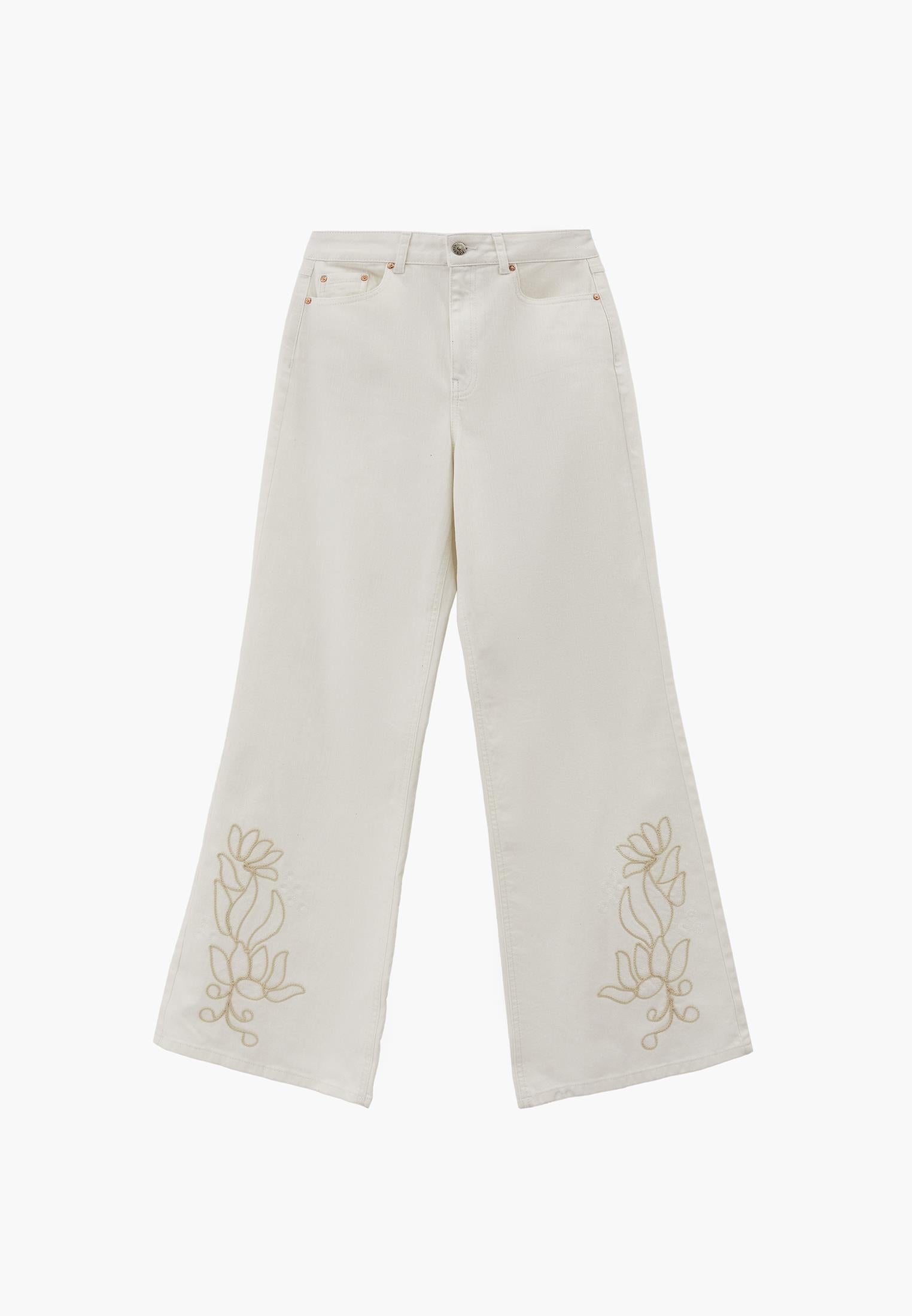 High Waist Wide Leg Embroidered Denim Pants - WHITE DENIM