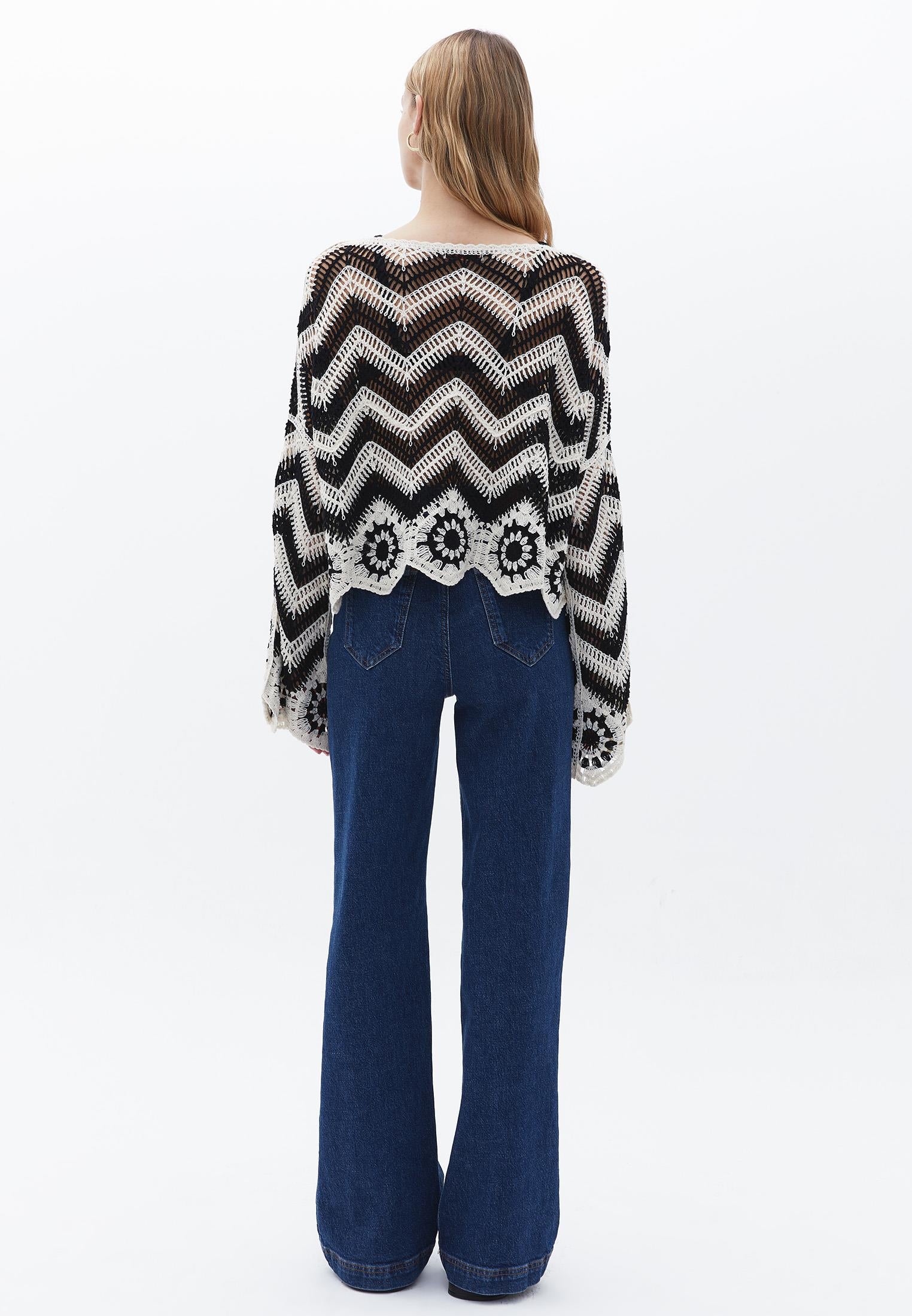 Loose Boat Neck Blouse - BLACK/WHITE MIX