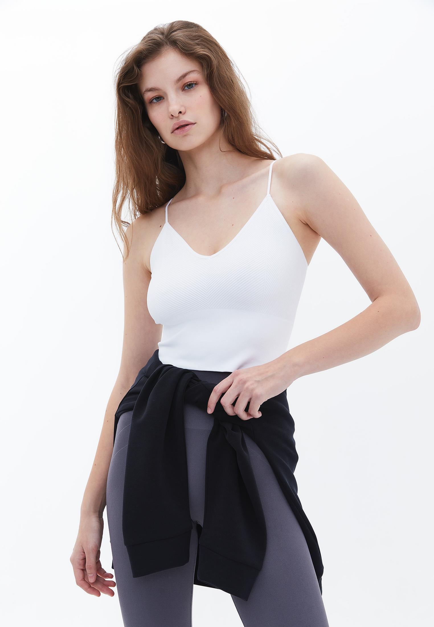 Jacquard Patterned V Neck Tank Top - WHITE