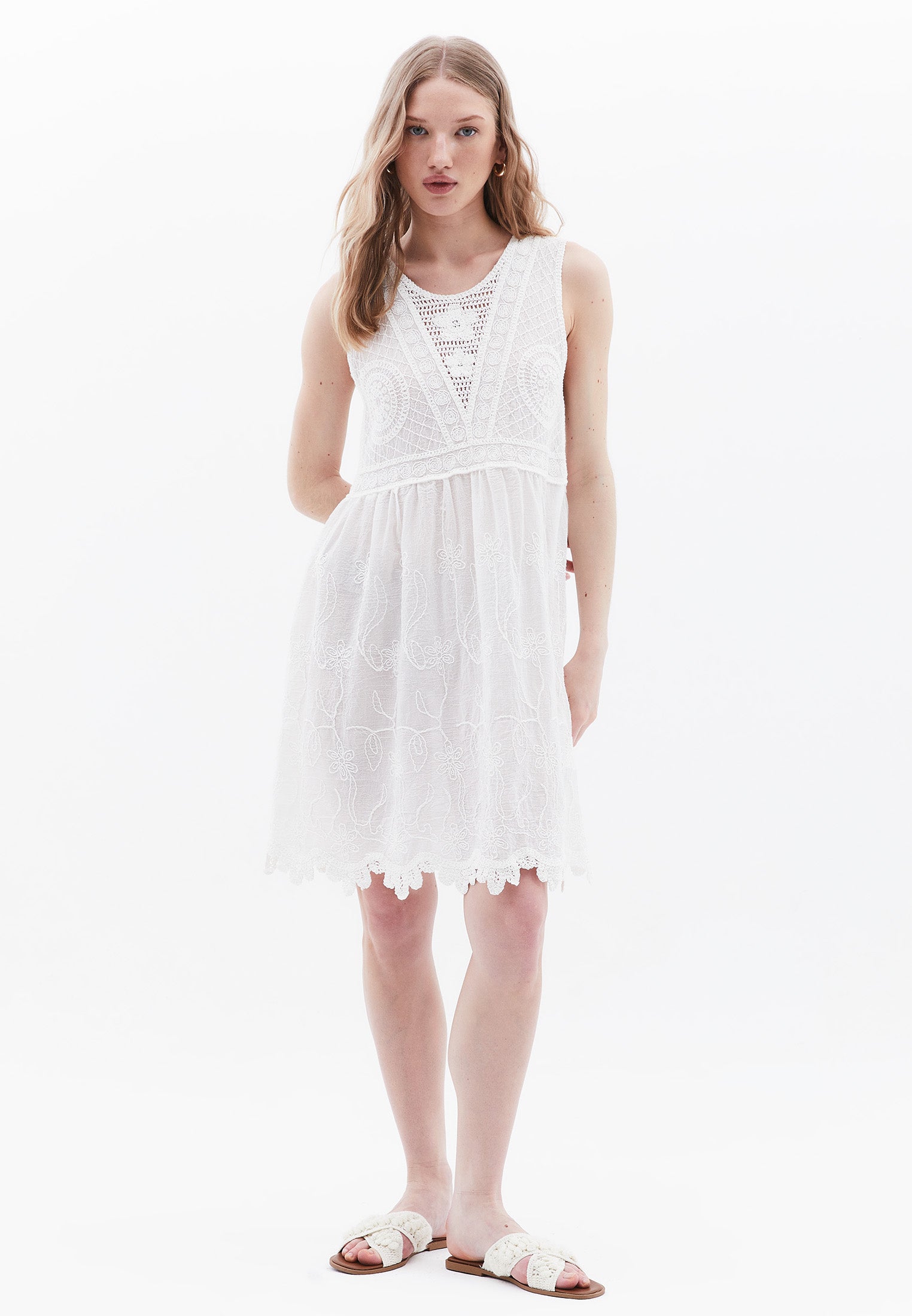 Sleeveless Bohemian Style Short Dress - WHITE