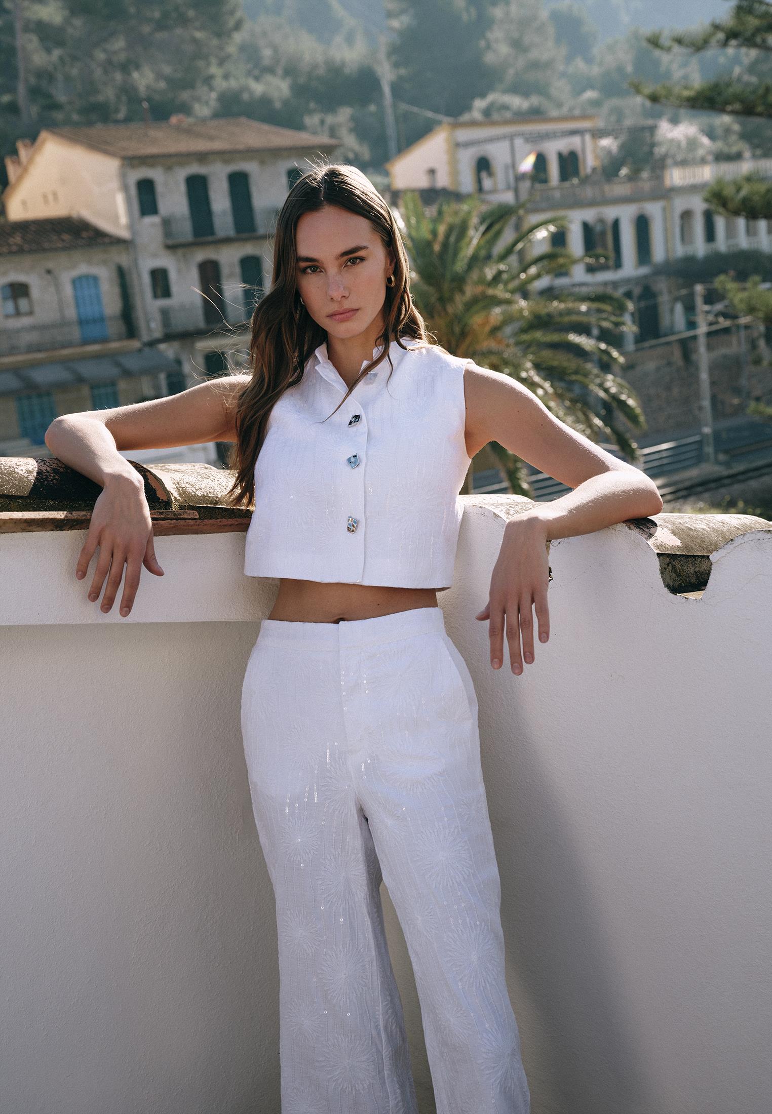 Wide Leg High Waist Pants With Embroidery Detail - WHITE