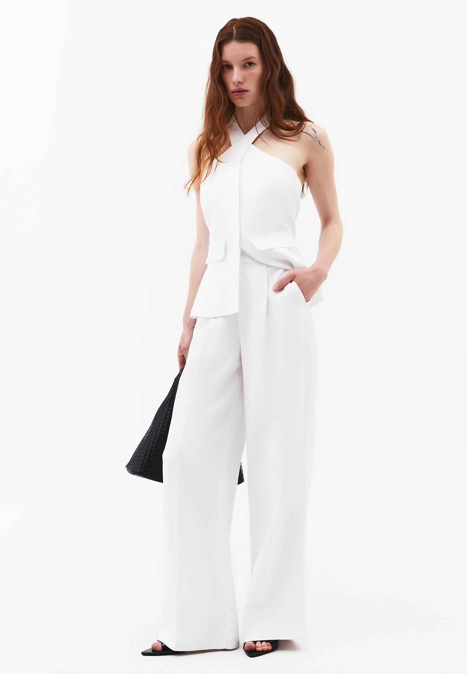 Wide Leg Pleated Ultra High Waist Long Pants - WHITE