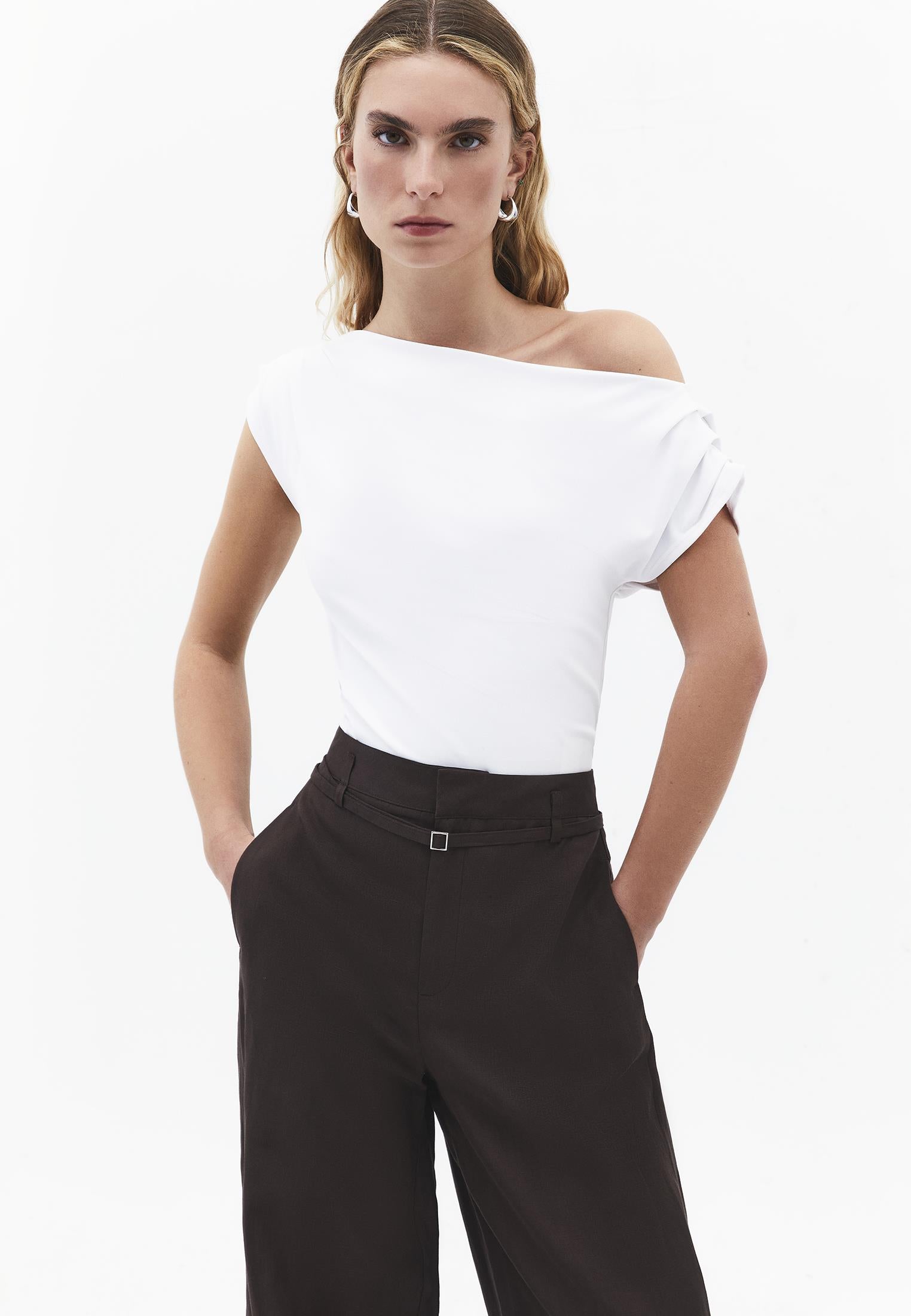 Boat Neck Short Sleeve Blouse - WHITE