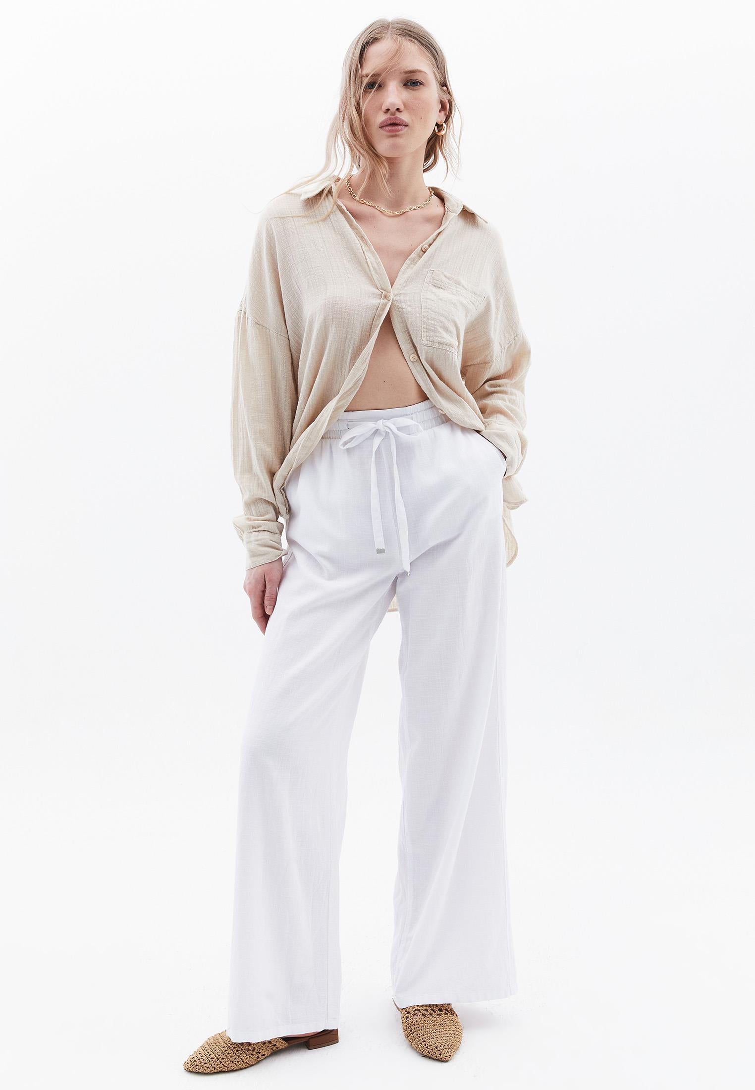 High Waist Wide Leg Elastic Waist Pants - WHITE