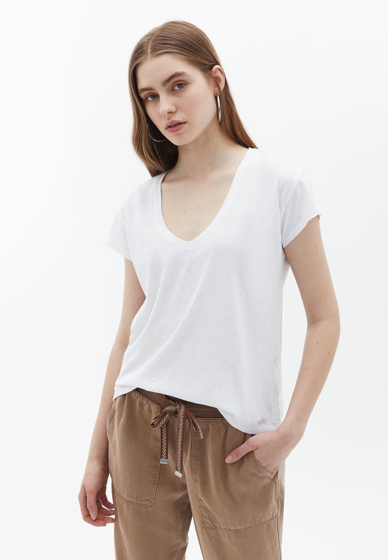 V Neck Linen T-Shirt - WHITE