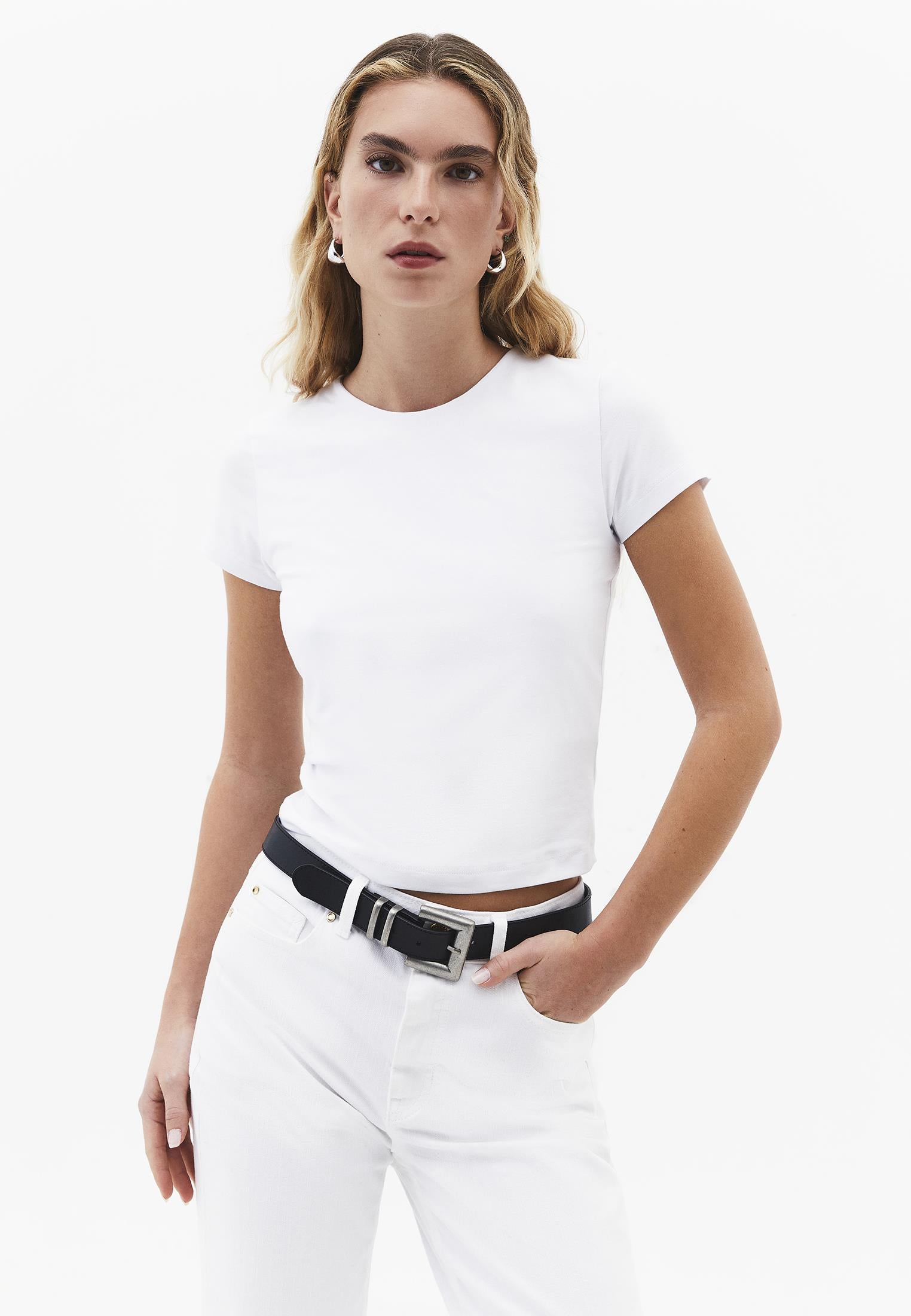 Crew Neck Long Sleeve Bodycon T-Shirt - WHITE