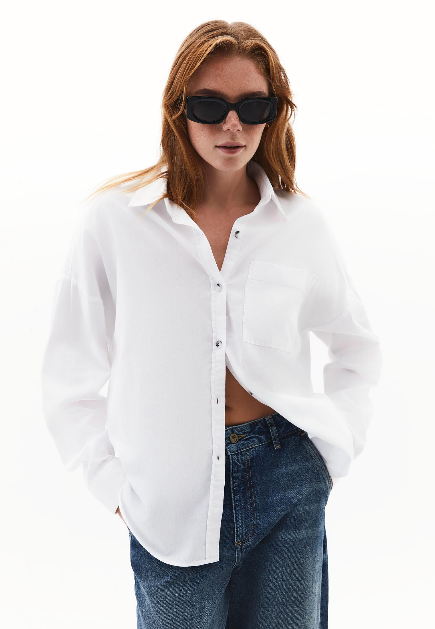 Buttoned Shirt Collar Oversize Shirt - WHITE
