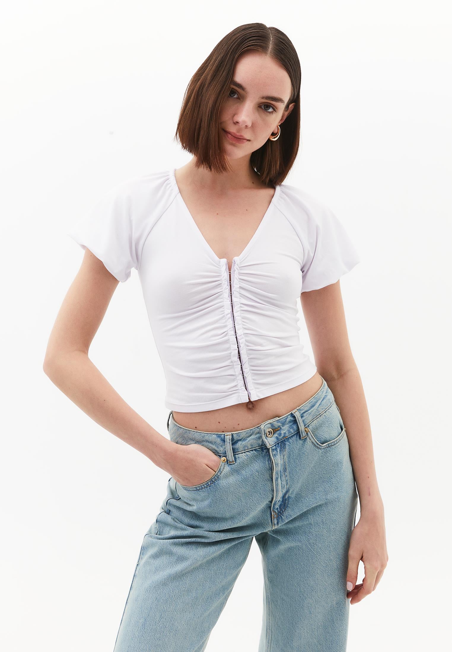 V Neck Balloon Sleeve Blouse - WHITE