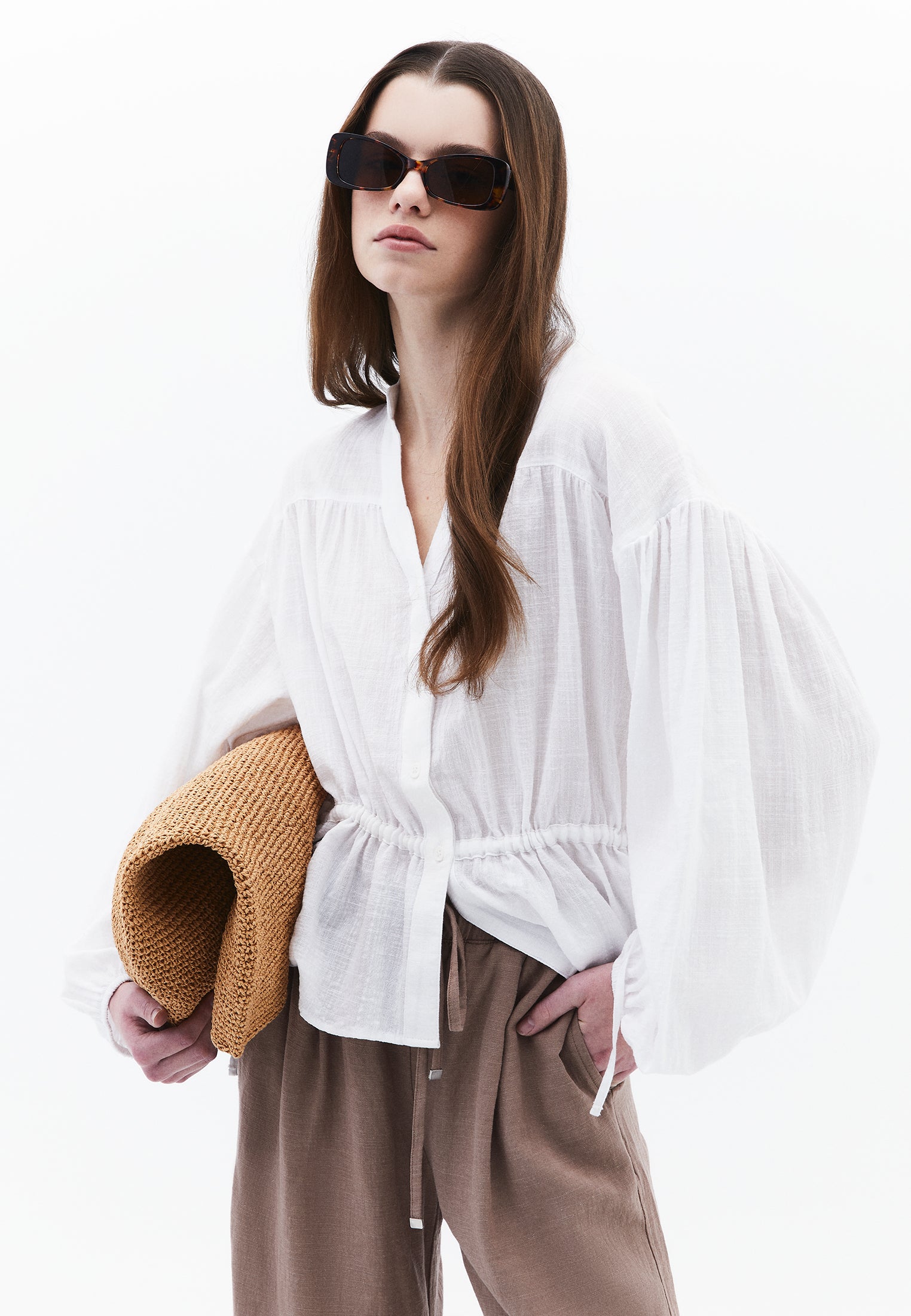Balloon Sleeve Cotton Shirt - WHITE