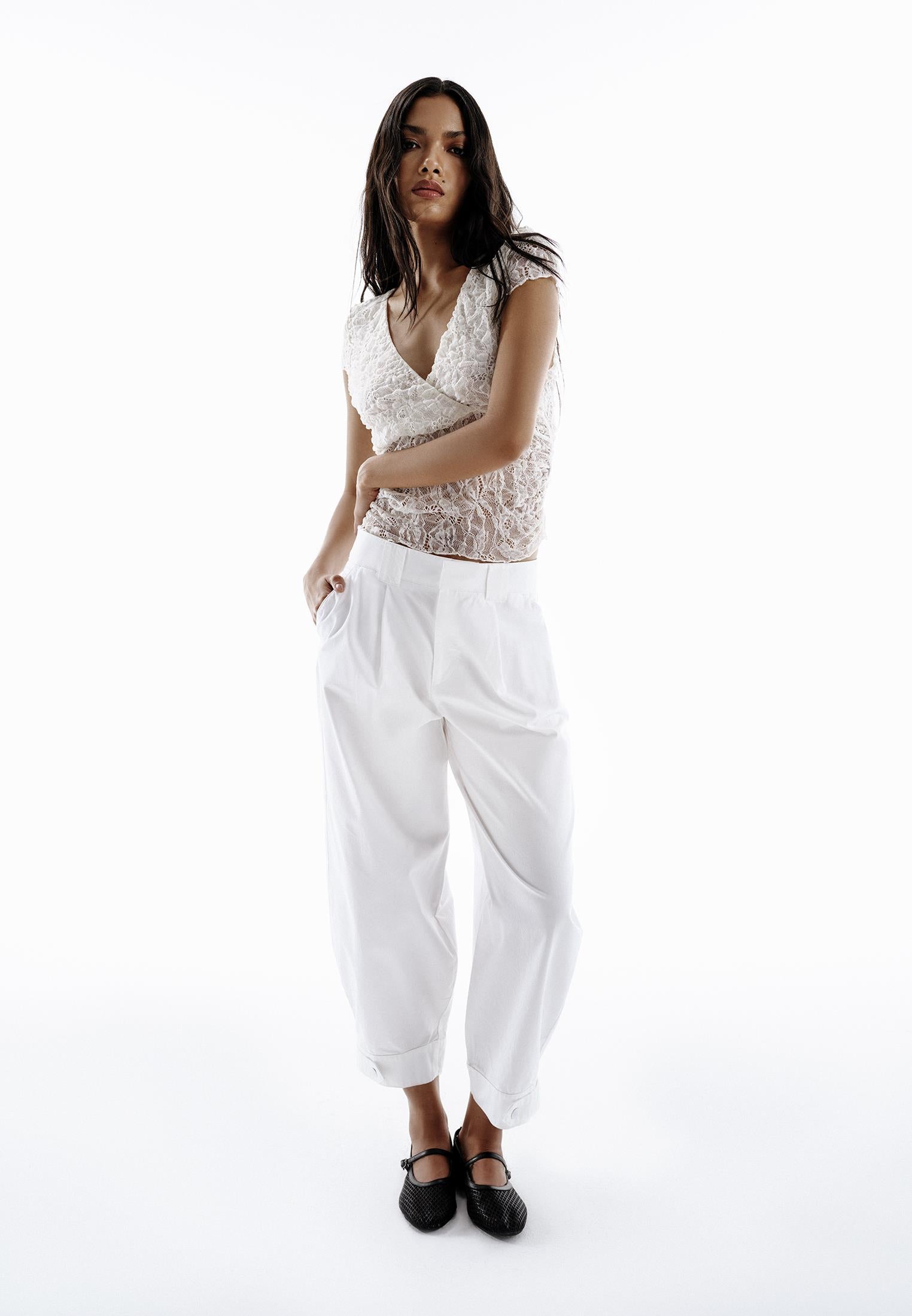 Pleated High Waist Barrel Leg Pants - WHITE