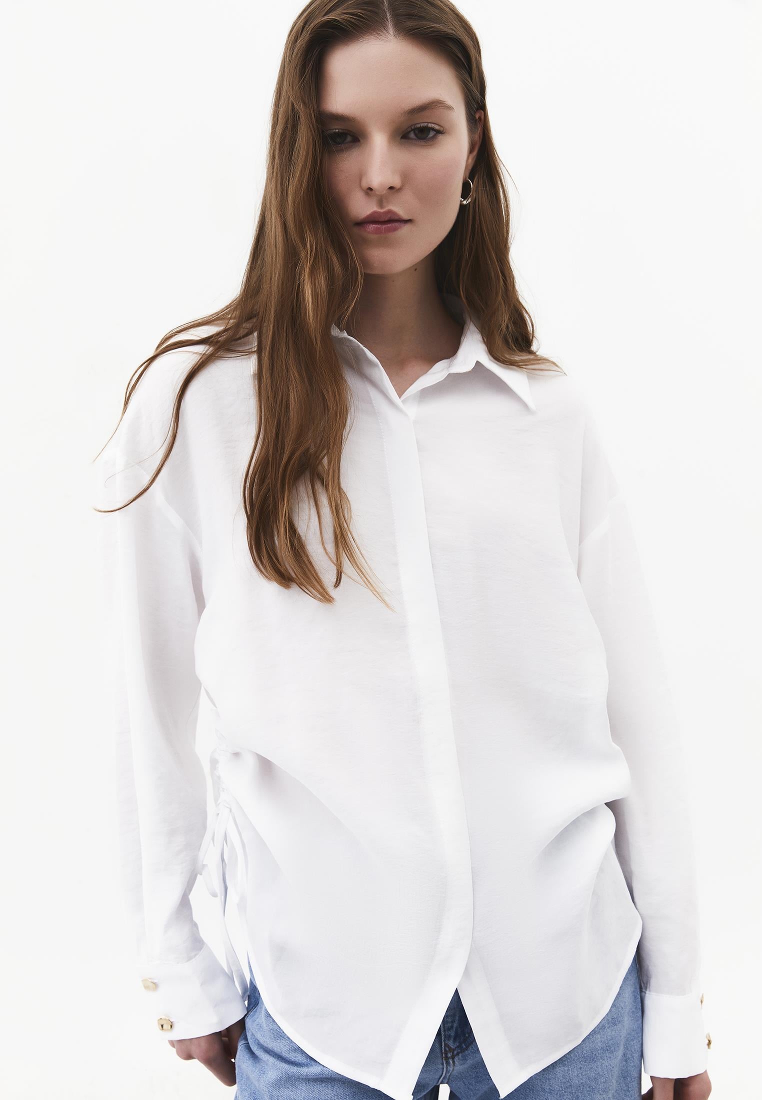 Oversize Long Sleeve Shirt with Ruching and Buttons - WHITE