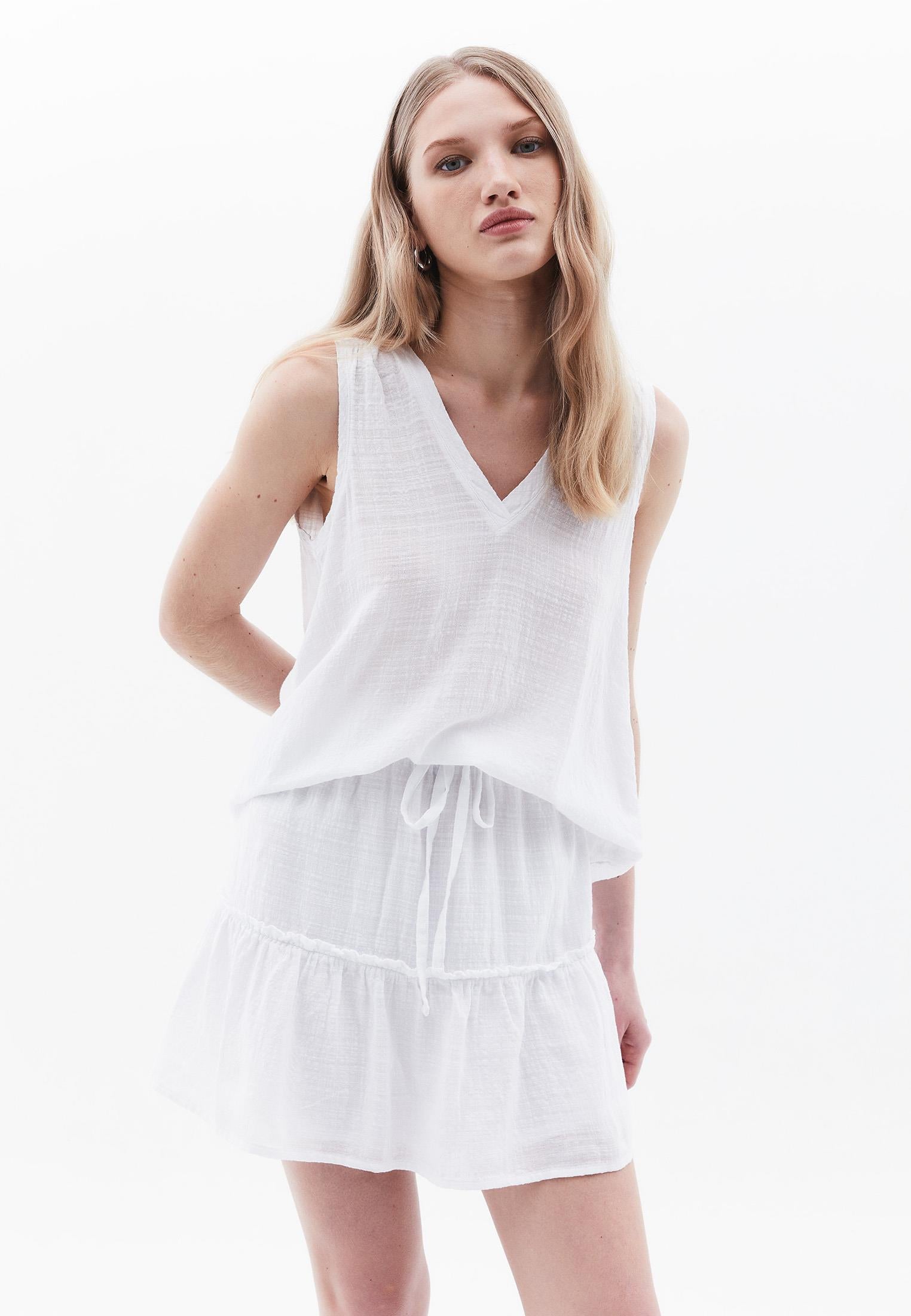 V Neck Loose Fit Woven Top - WHITE
