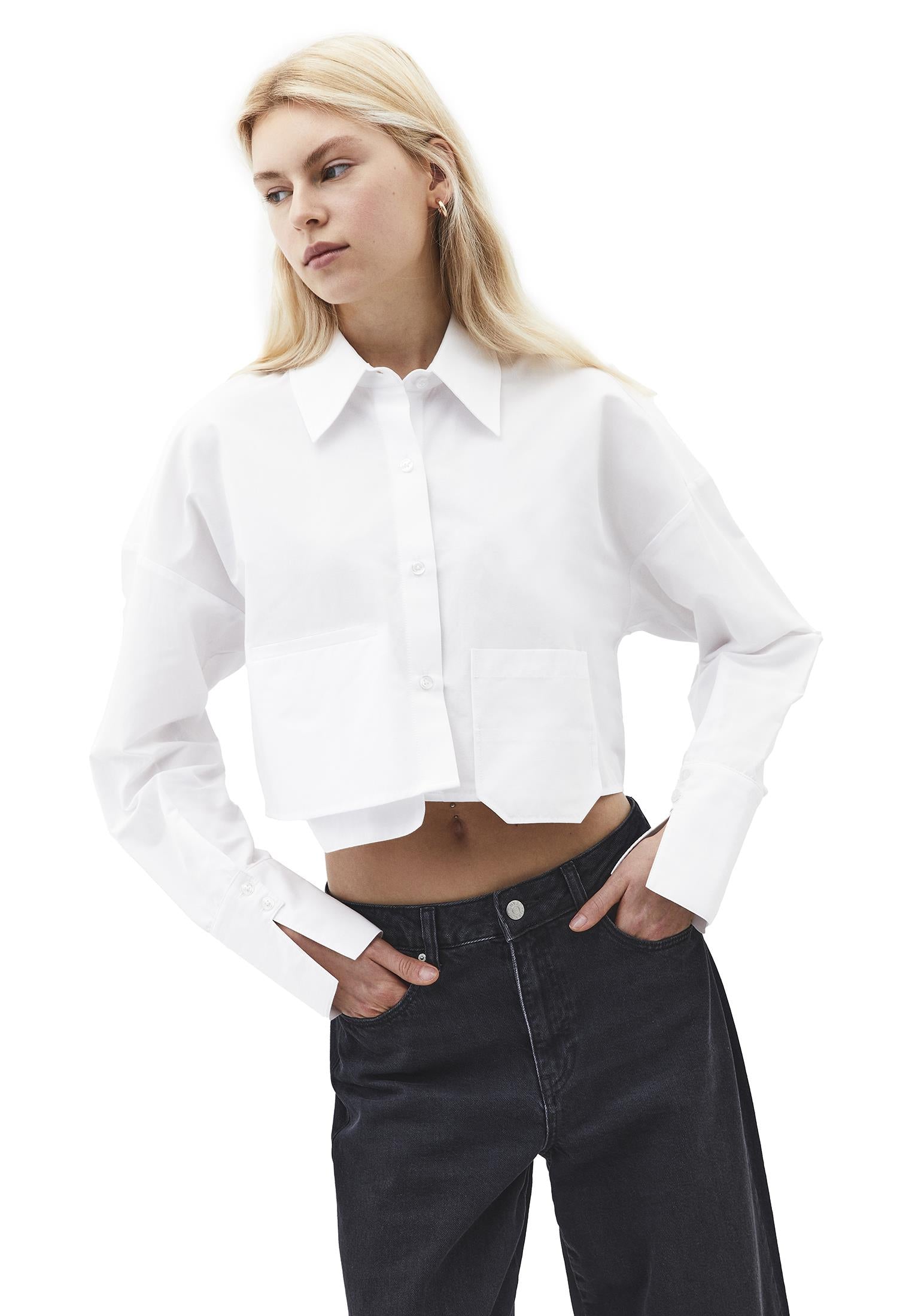 Crop Long Sleeve Shirt With Pocket Detail - WHITE