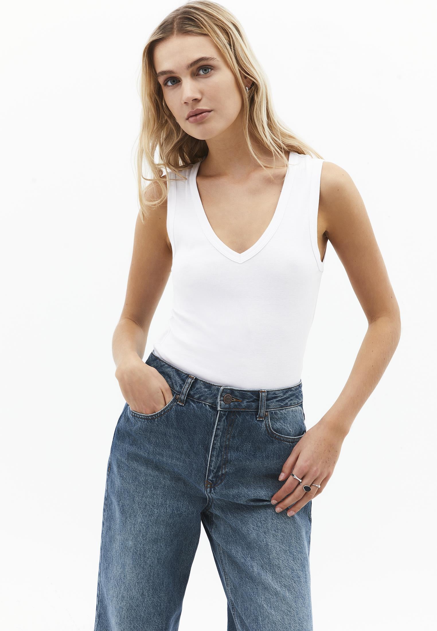 V Neck Bodycon Rib Tank Top - WHITE