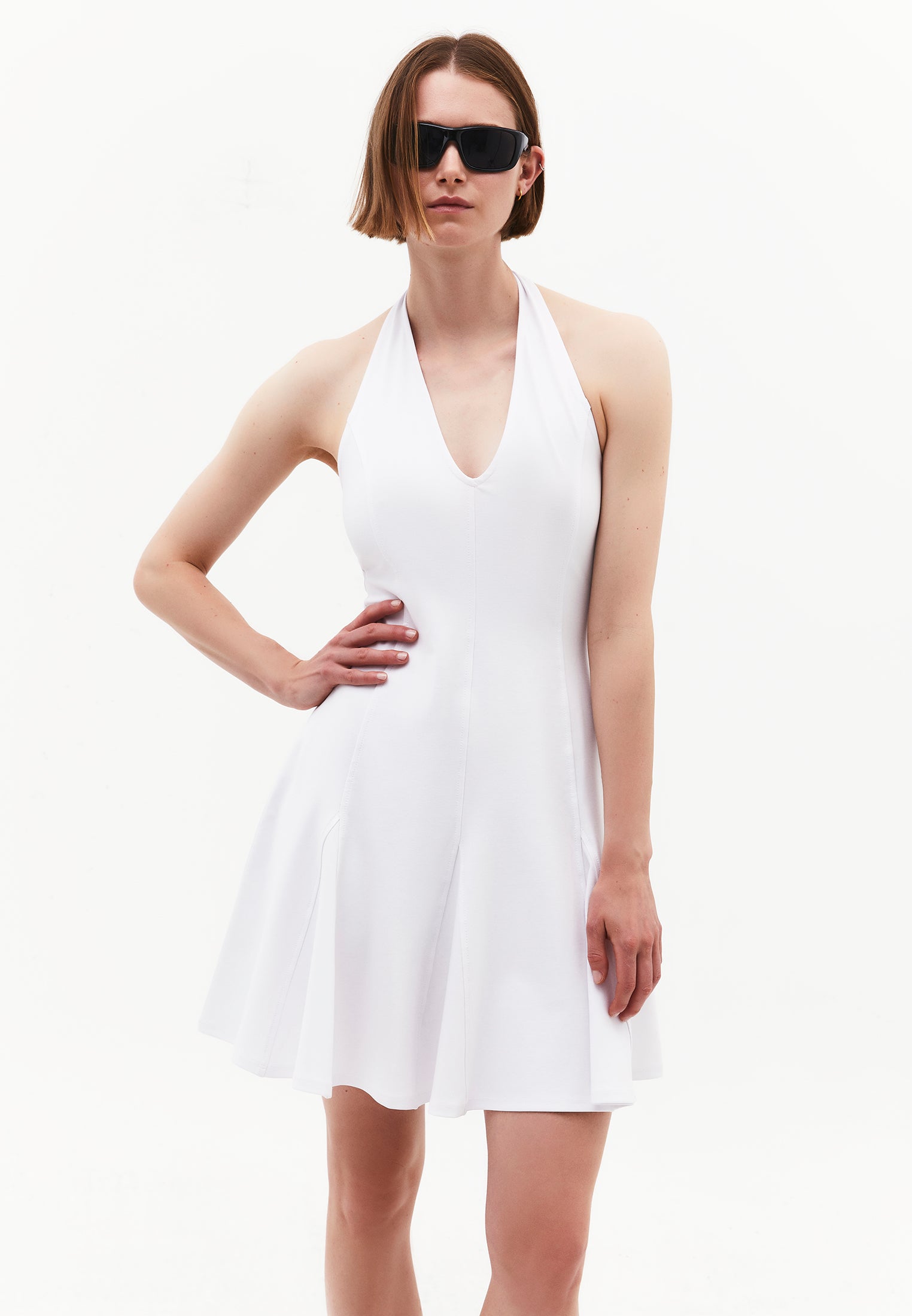 Flared Cut V-Neck Short Dress - WHITE
