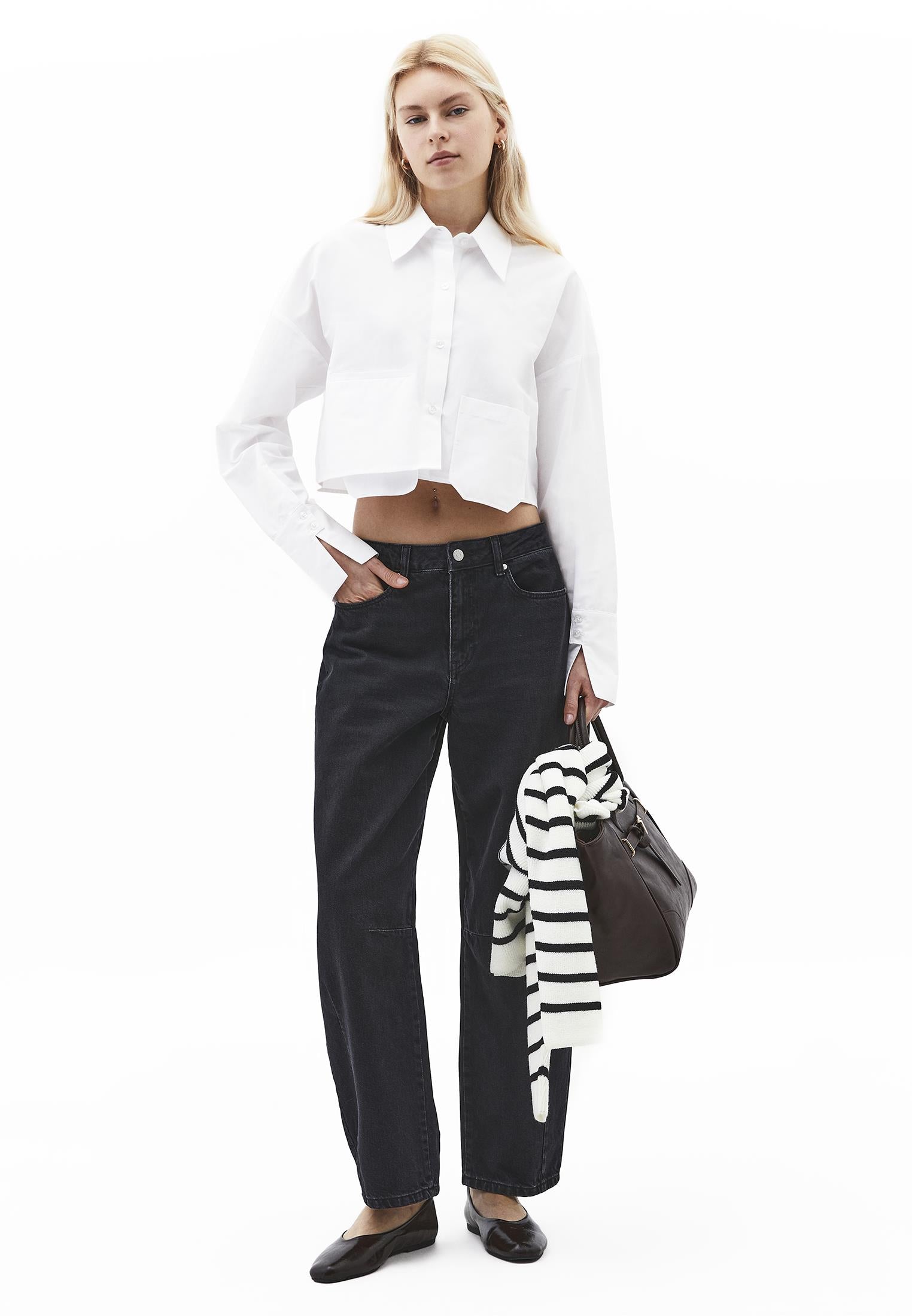 Crop Long Sleeve Shirt With Pocket Detail - WHITE