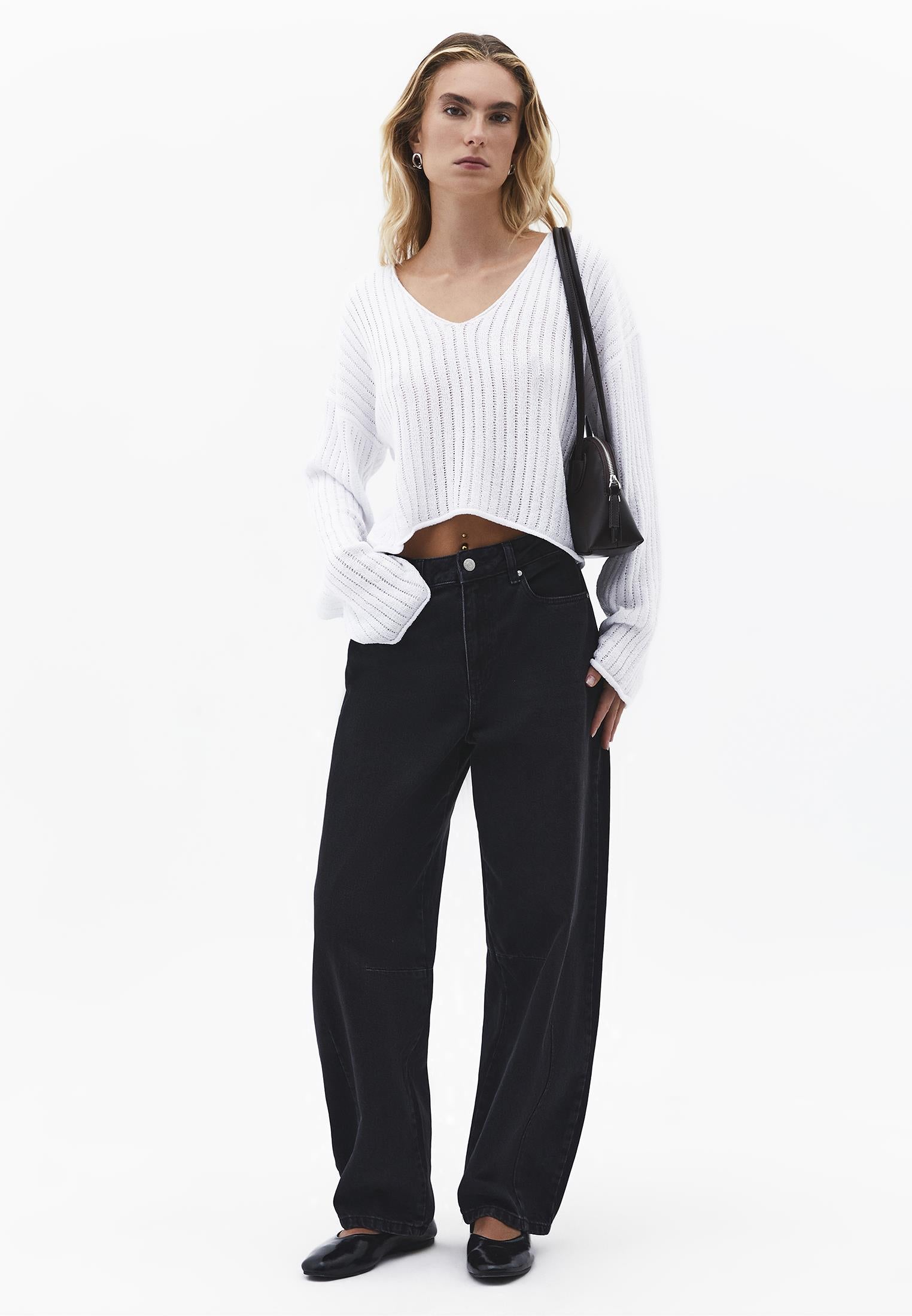 Ribbed V-Neck Long Sleeve Sweater - WHITE