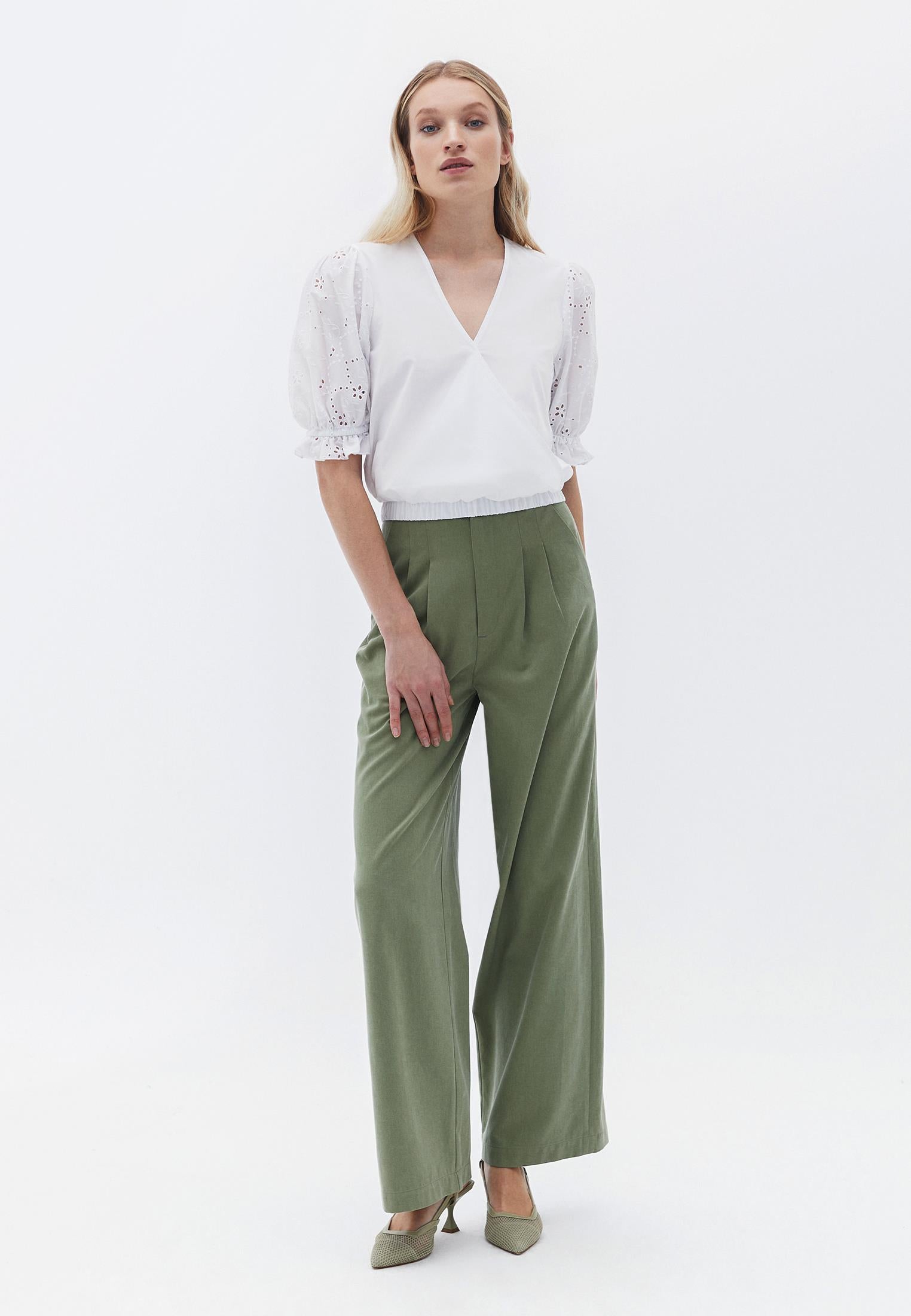 V Neck Broderie Blouse - WHITE