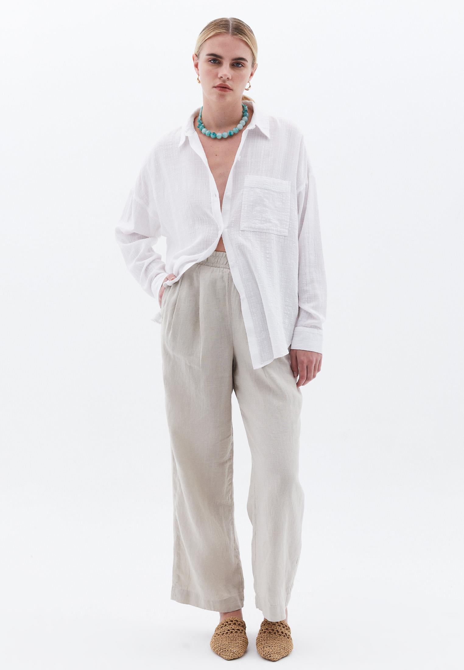 Oversize Long Sleeve Shirt With Pocket Detail - WHITE