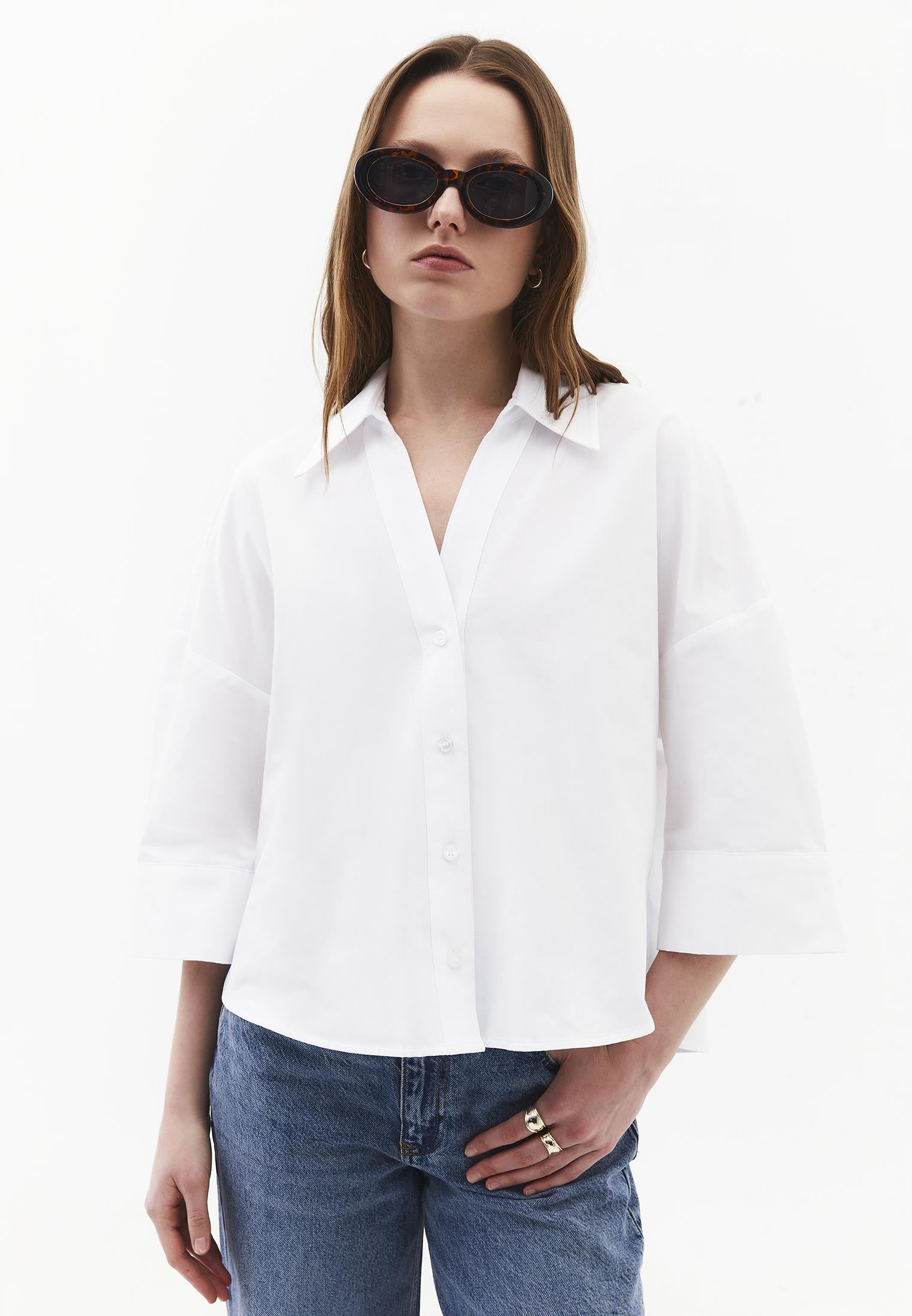 Oversize 3/4 Sleeve Buttoned Shirt - WHITE