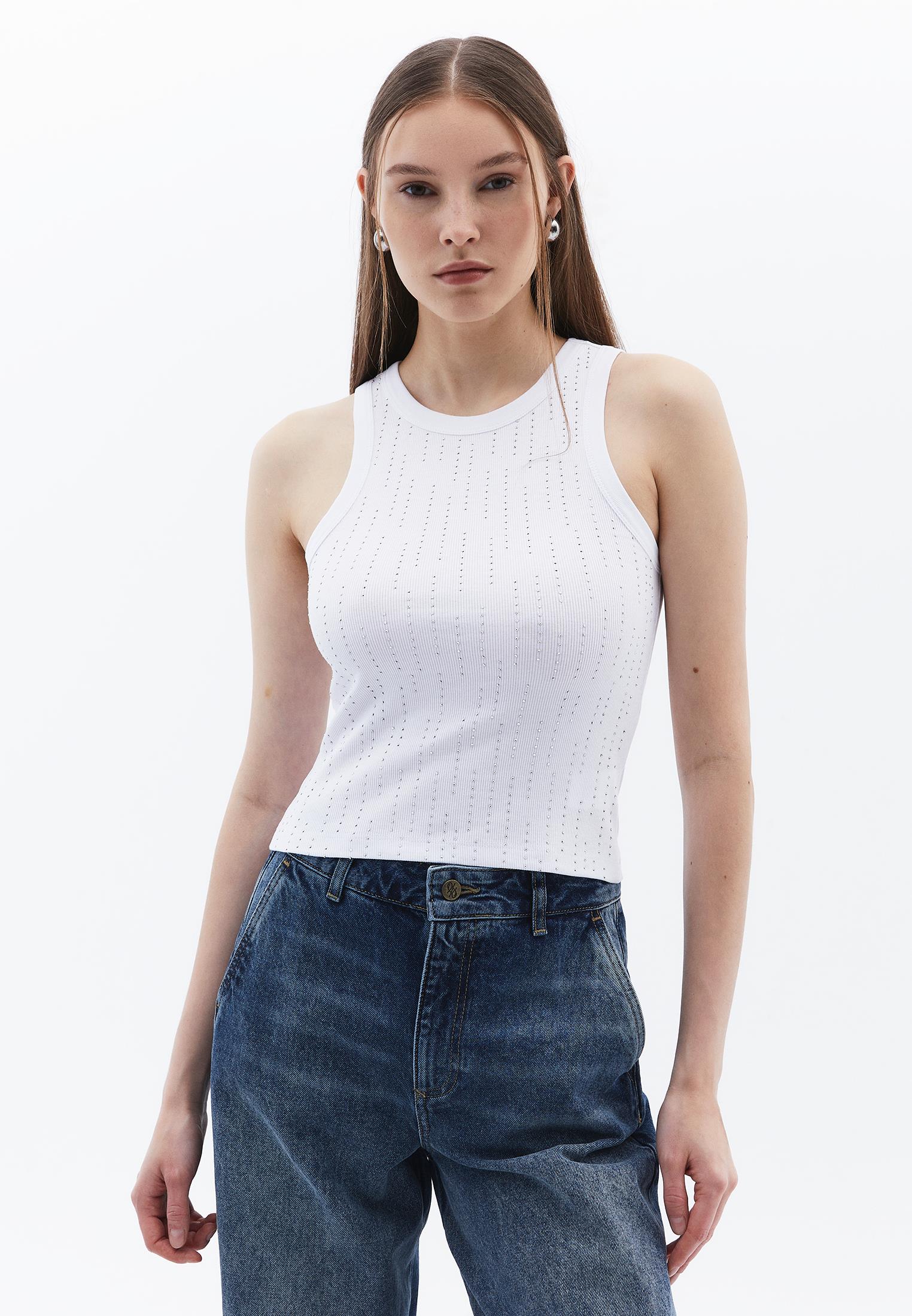 Sleeveless Rib Tank Top With Crew Neck - WHITE