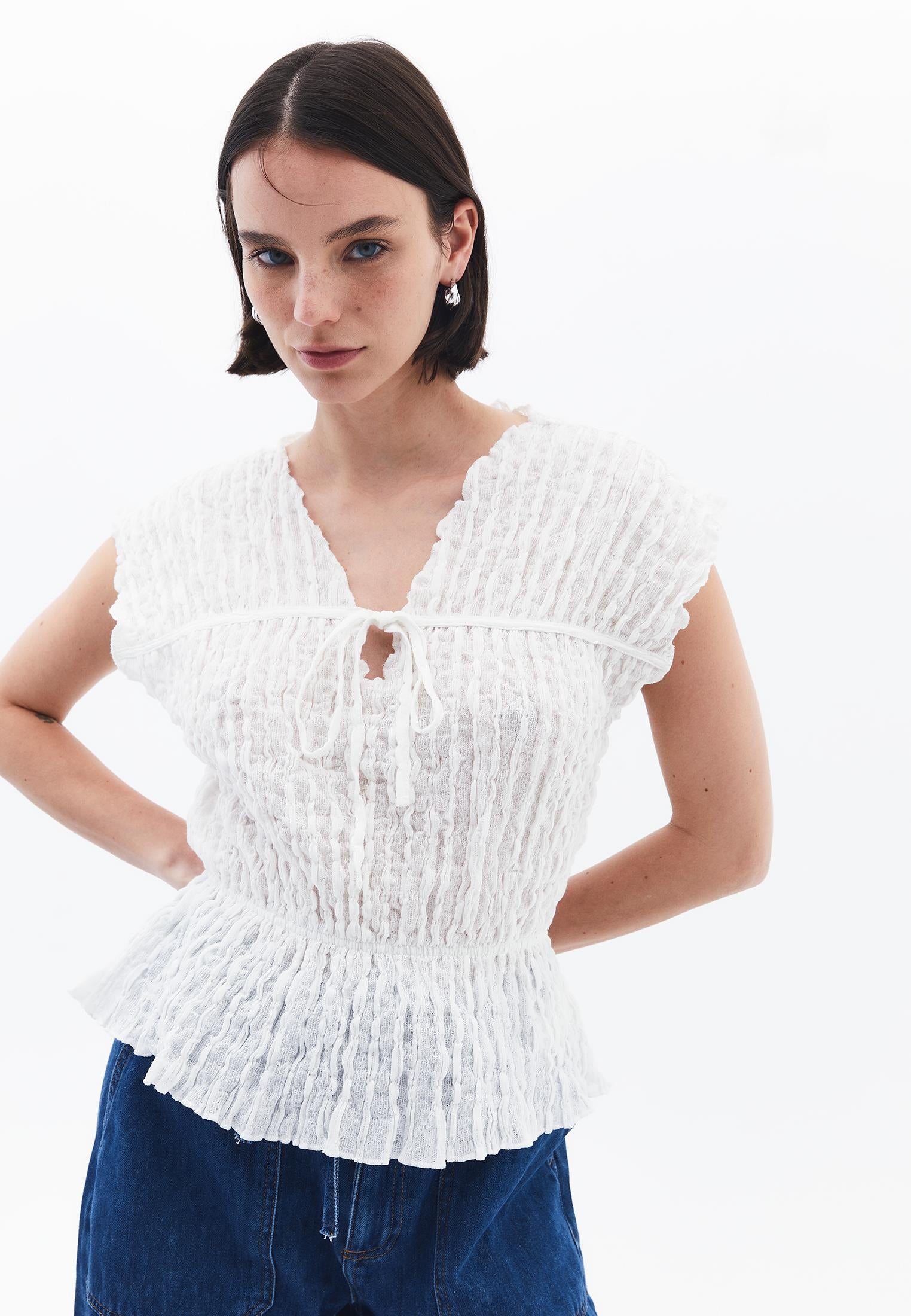 V Neck Short Sleeve Blouse - WHITE