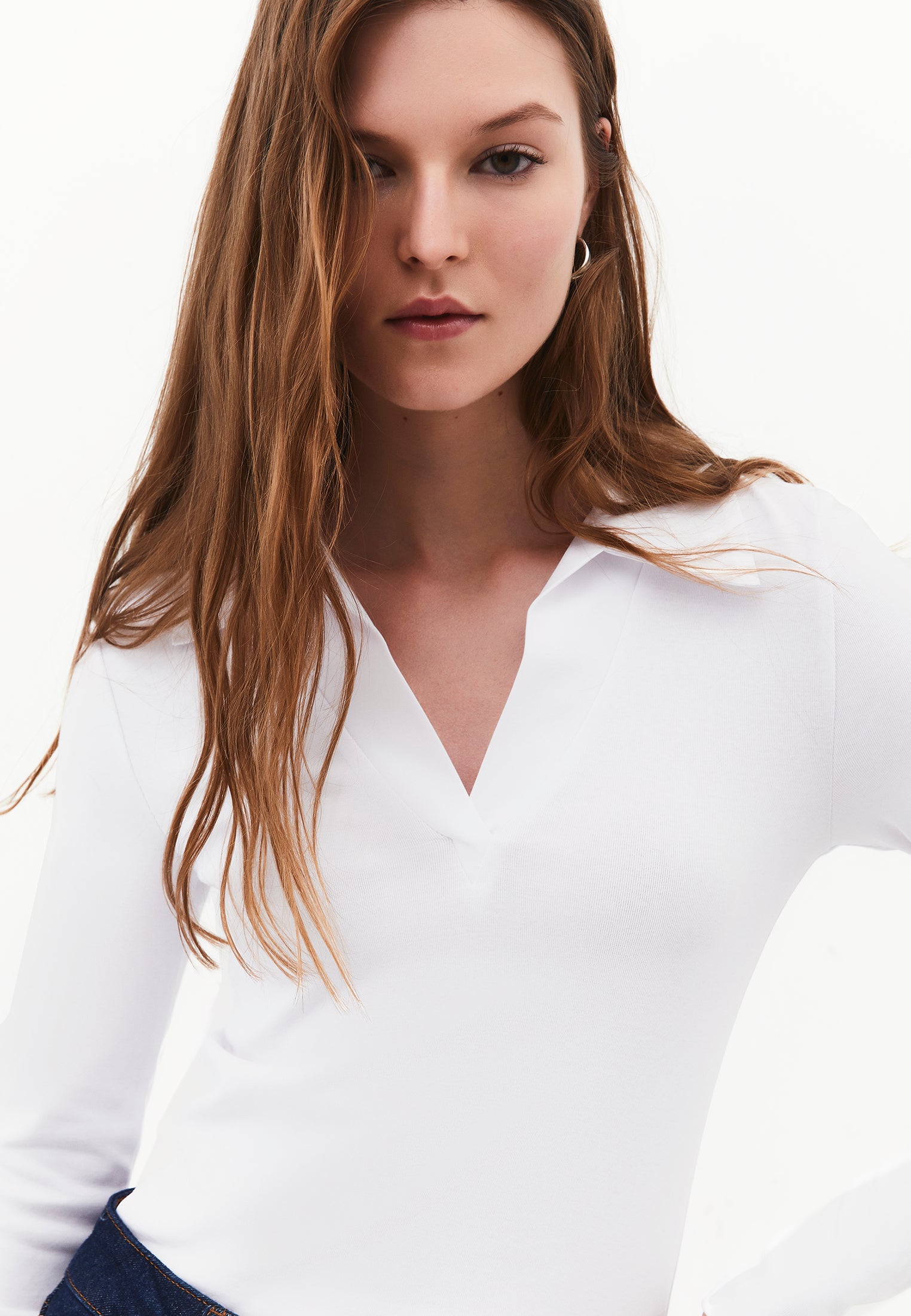 Polo Neck Long Sleeve Bodycon T-Shirt - WHITE