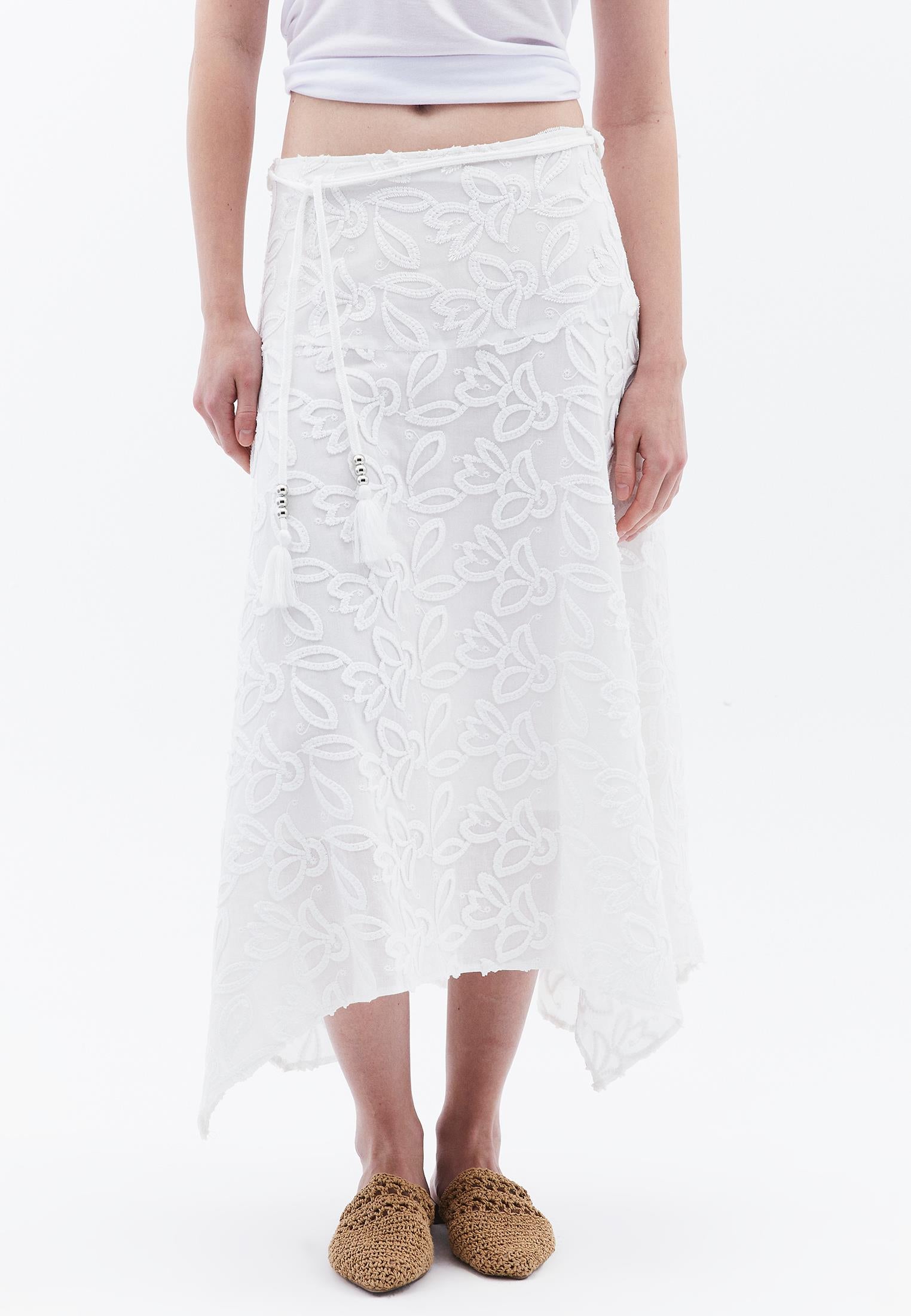 Belted Asymmetric Embroidered Midi Skirt - WHITE
