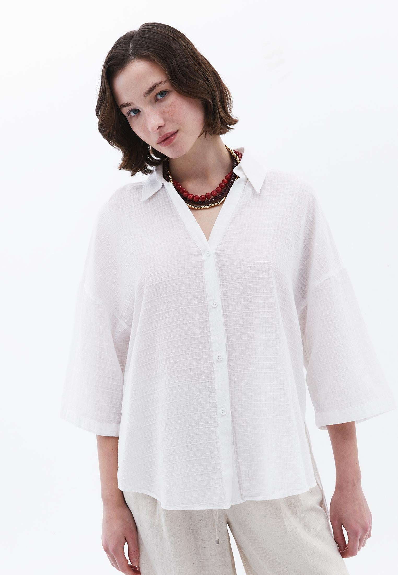 Oversized Shirt With Button Details - WHITE