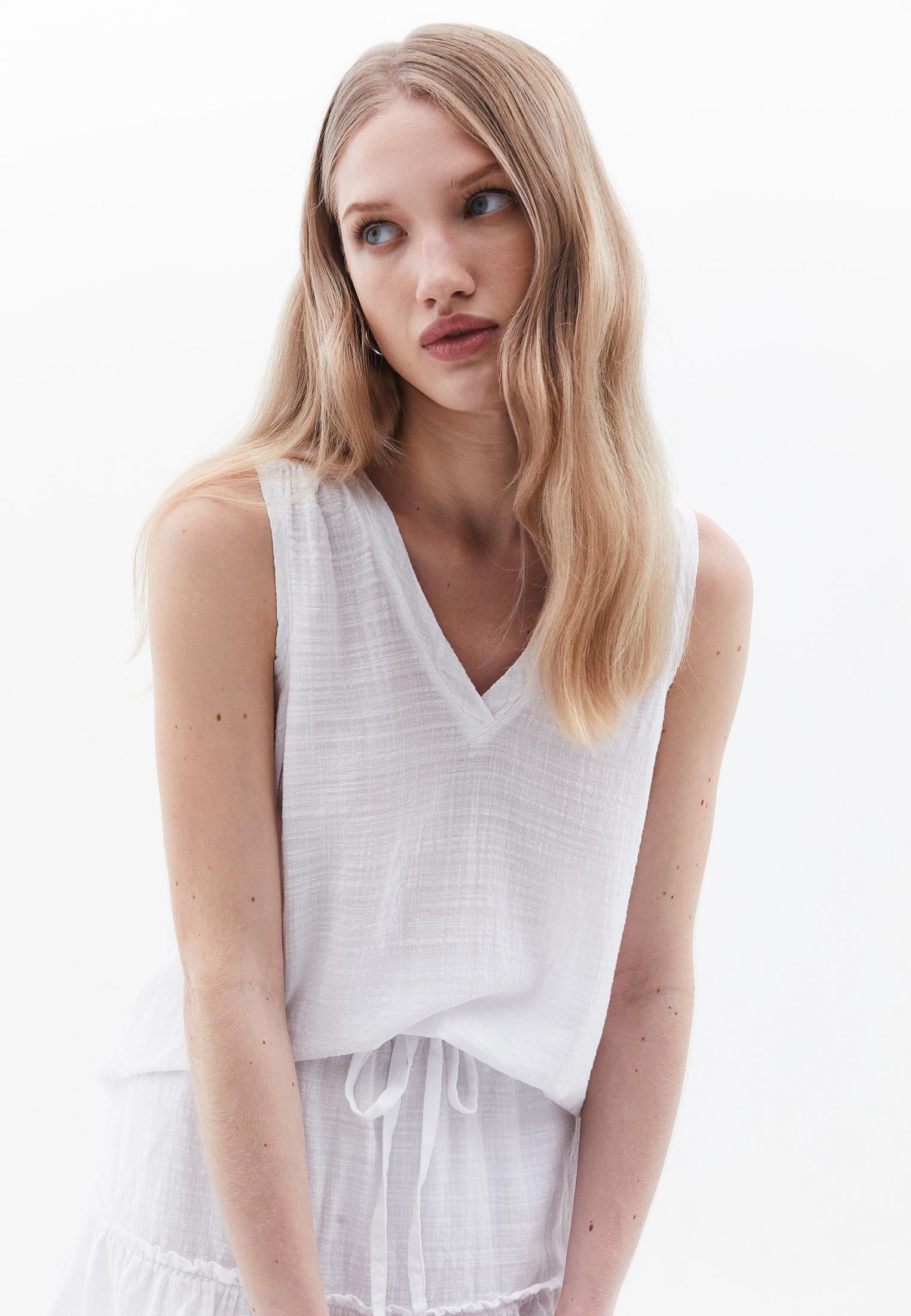 V Neck Loose Fit Woven Top - WHITE