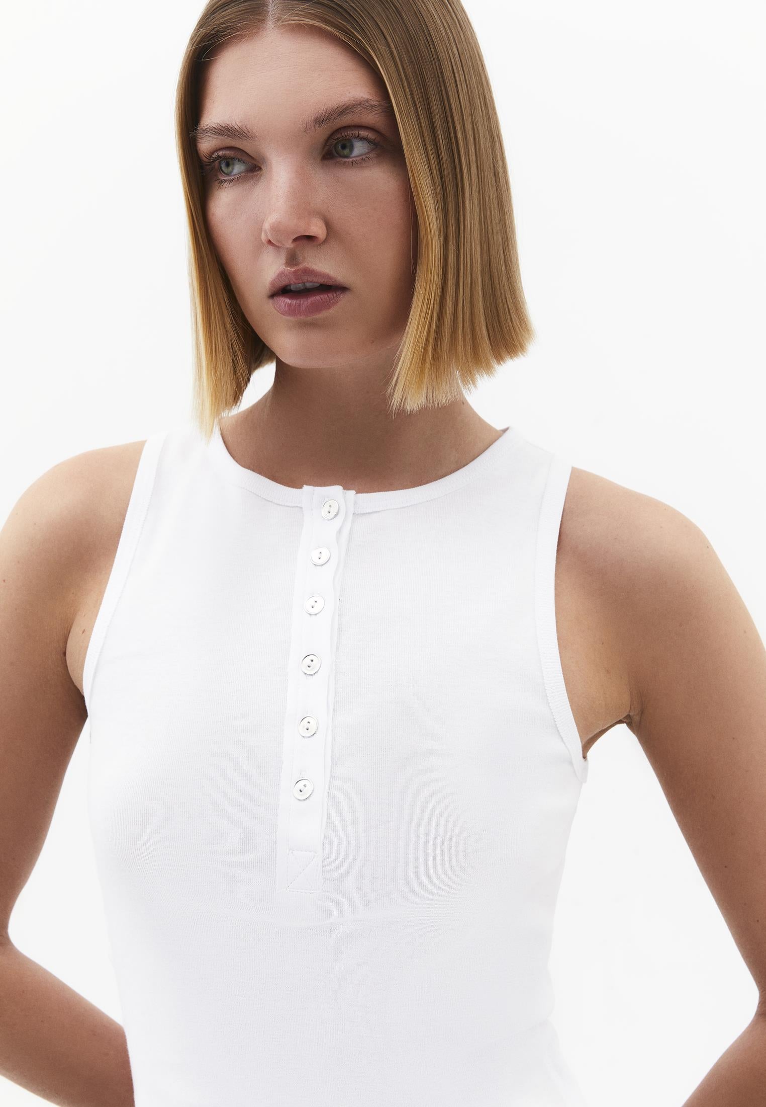 Crew Neck Button Detailed Tank Top - WHITE
