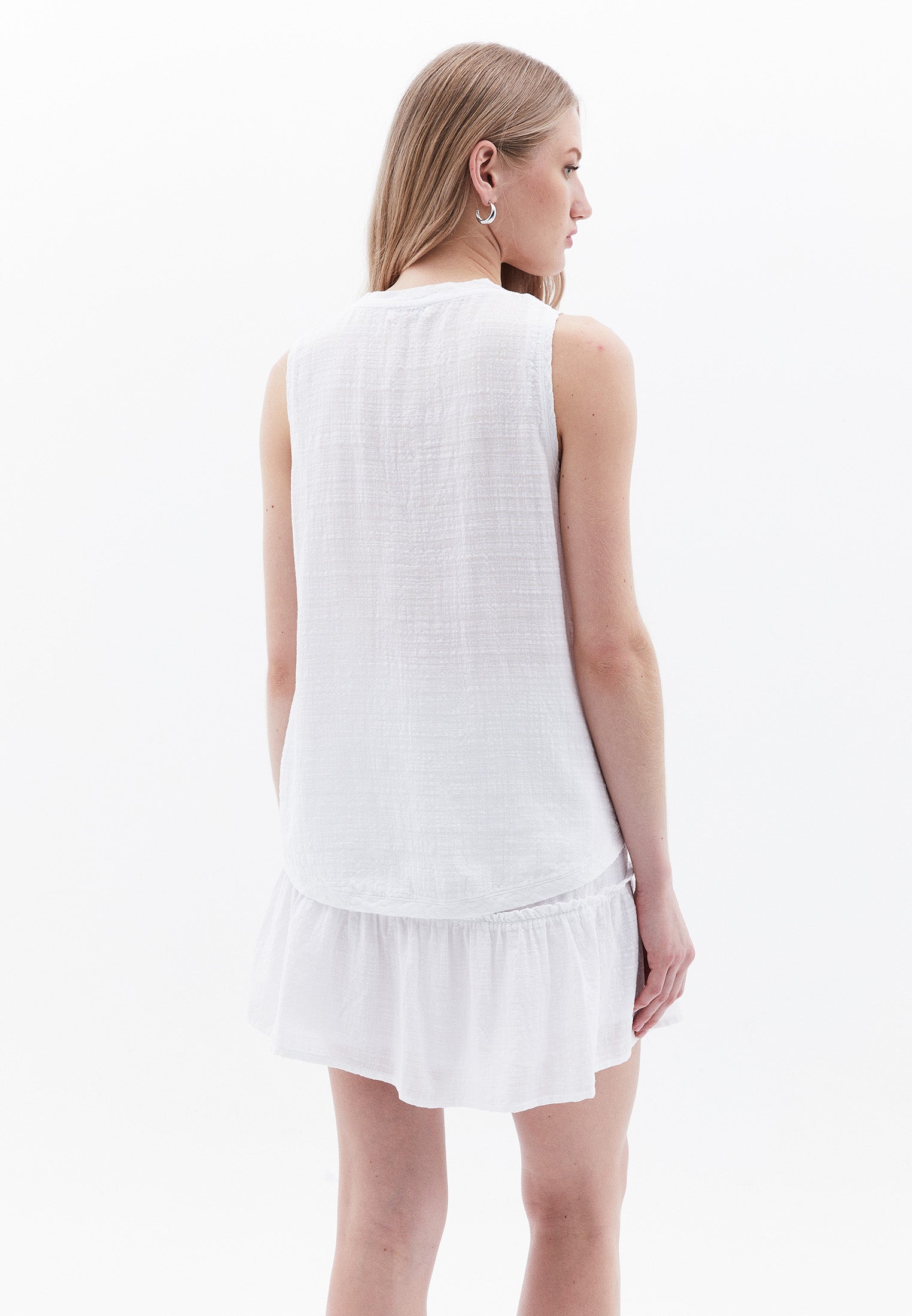 V Neck Loose Fit Woven Top - WHITE