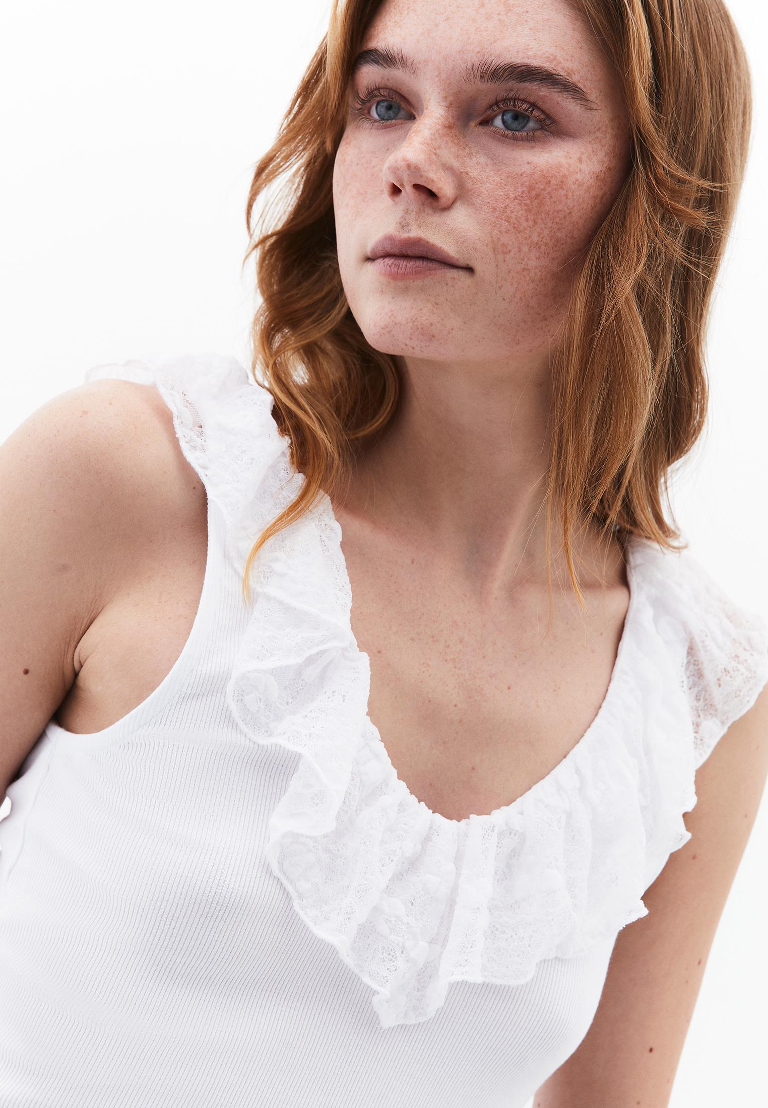 V Neck Frilled Tank Top - WHITE