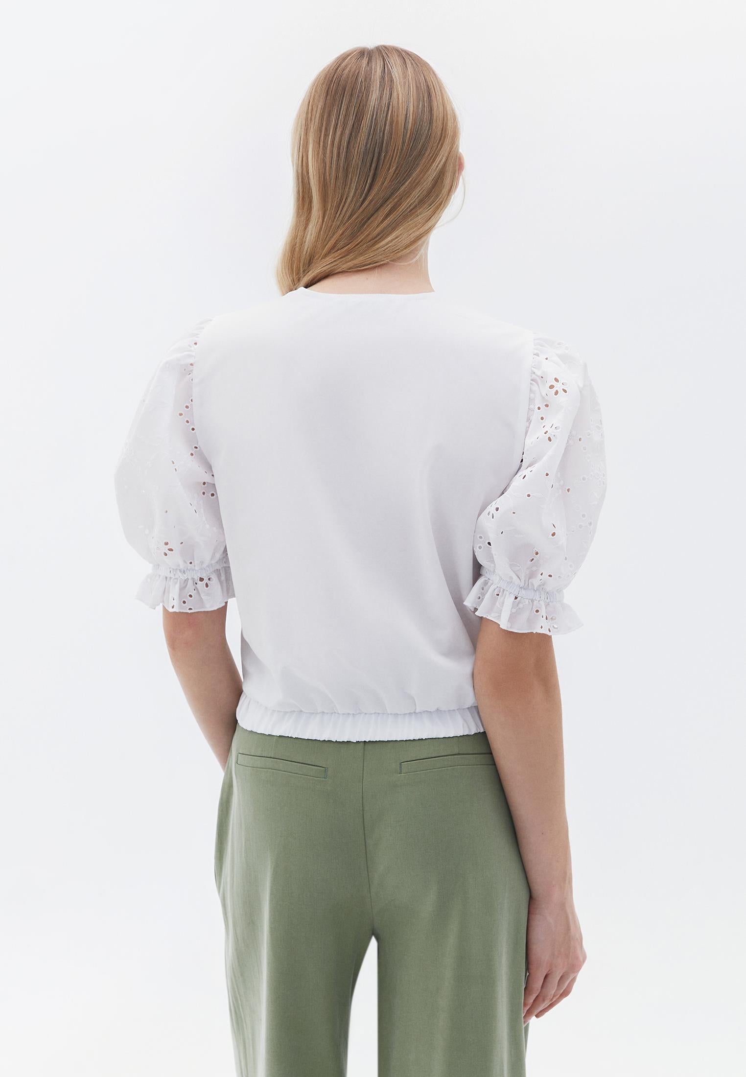 V Neck Broderie Blouse - WHITE