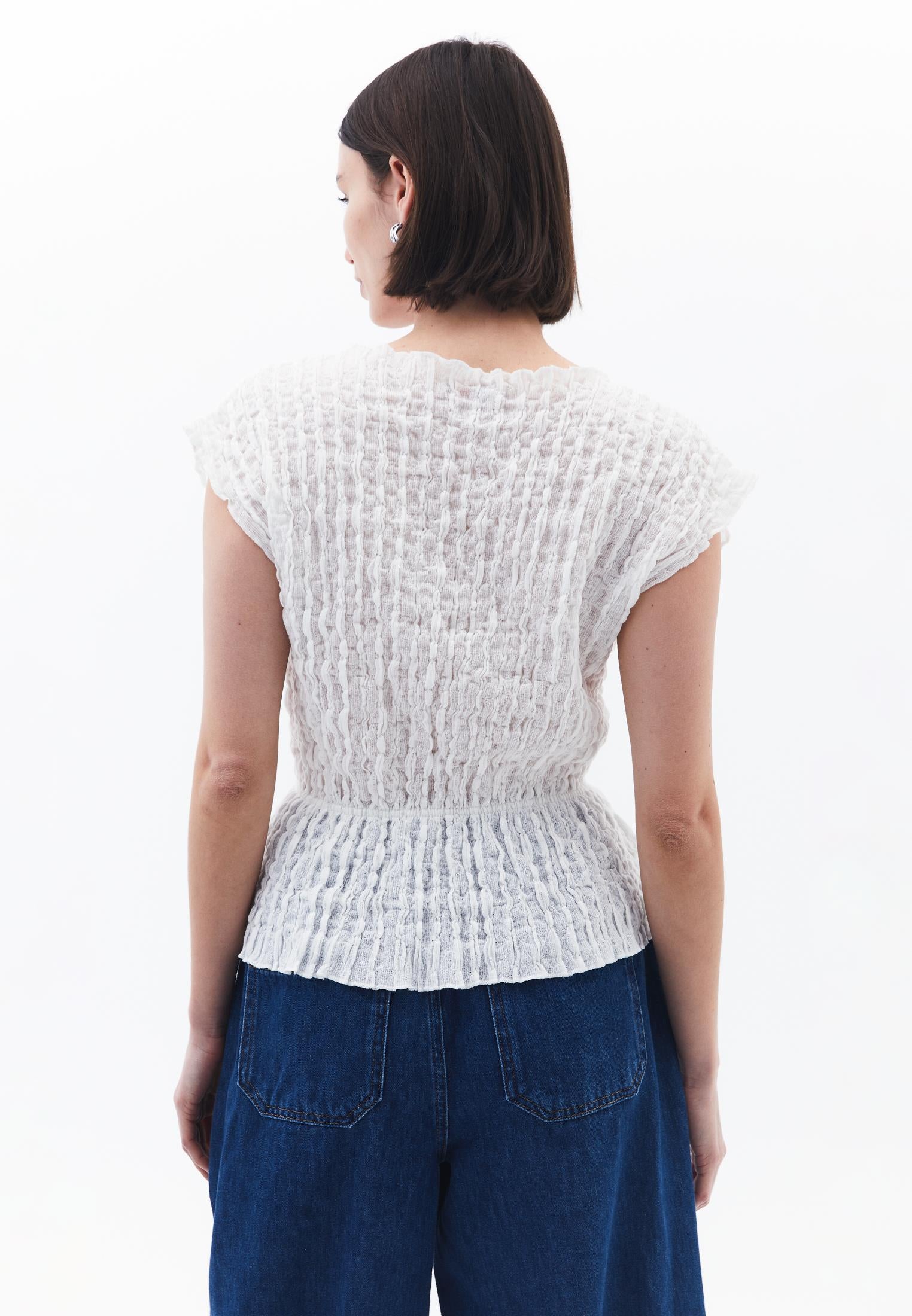 V Neck Short Sleeve Blouse - WHITE