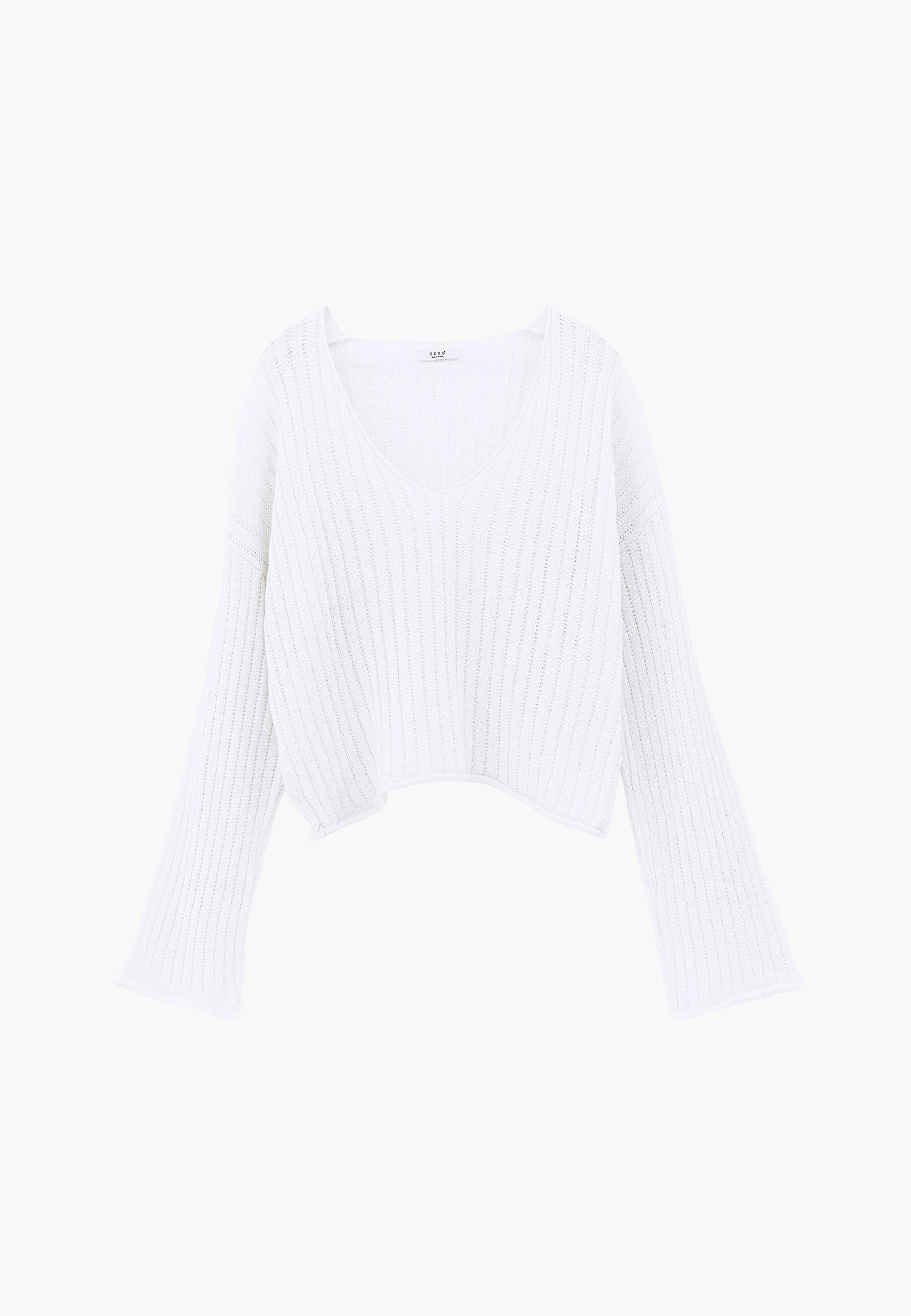 Ribbed V-Neck Long Sleeve Sweater - WHITE