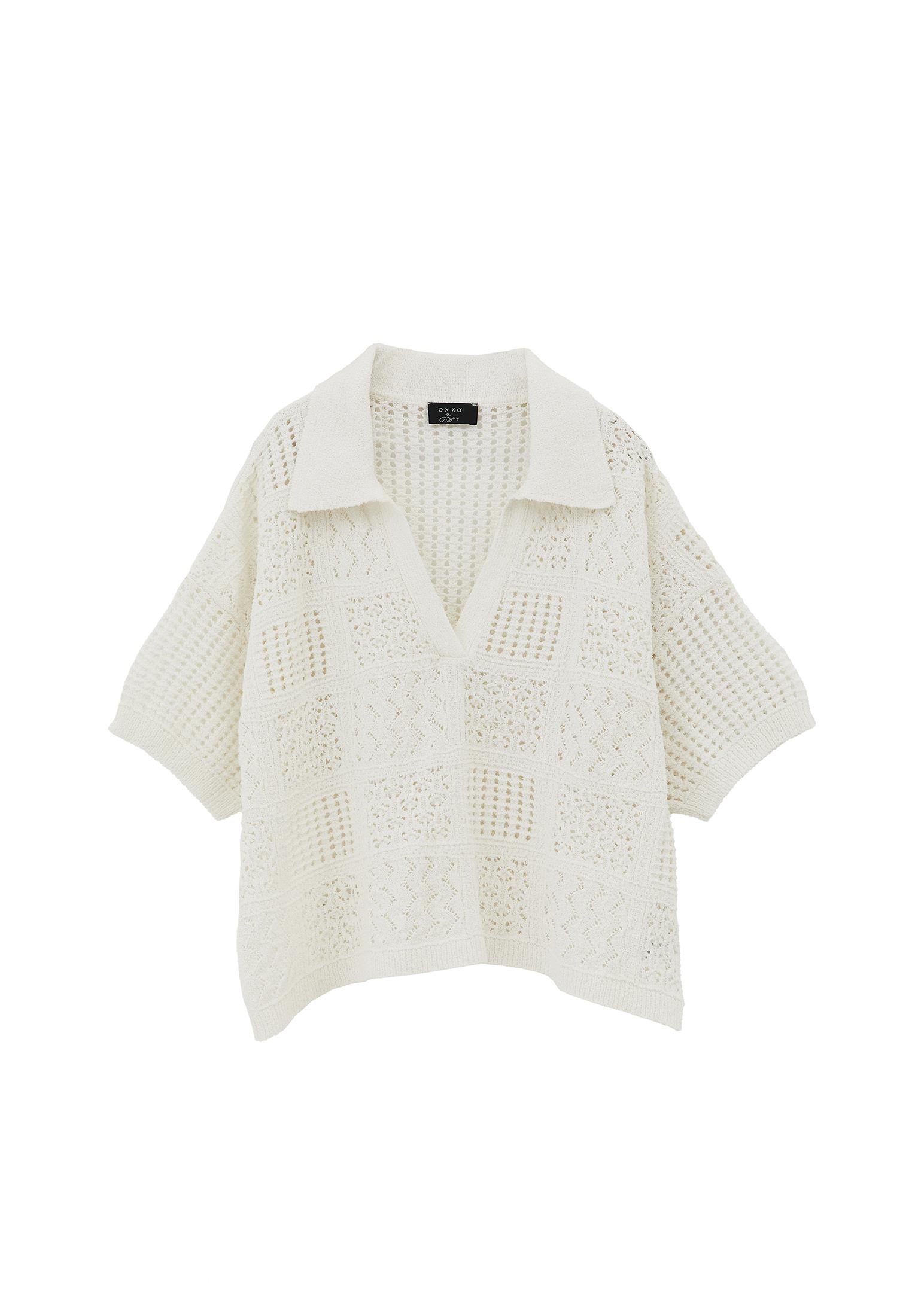 Polo Collar Oversize Ajour Sweater - WHITE