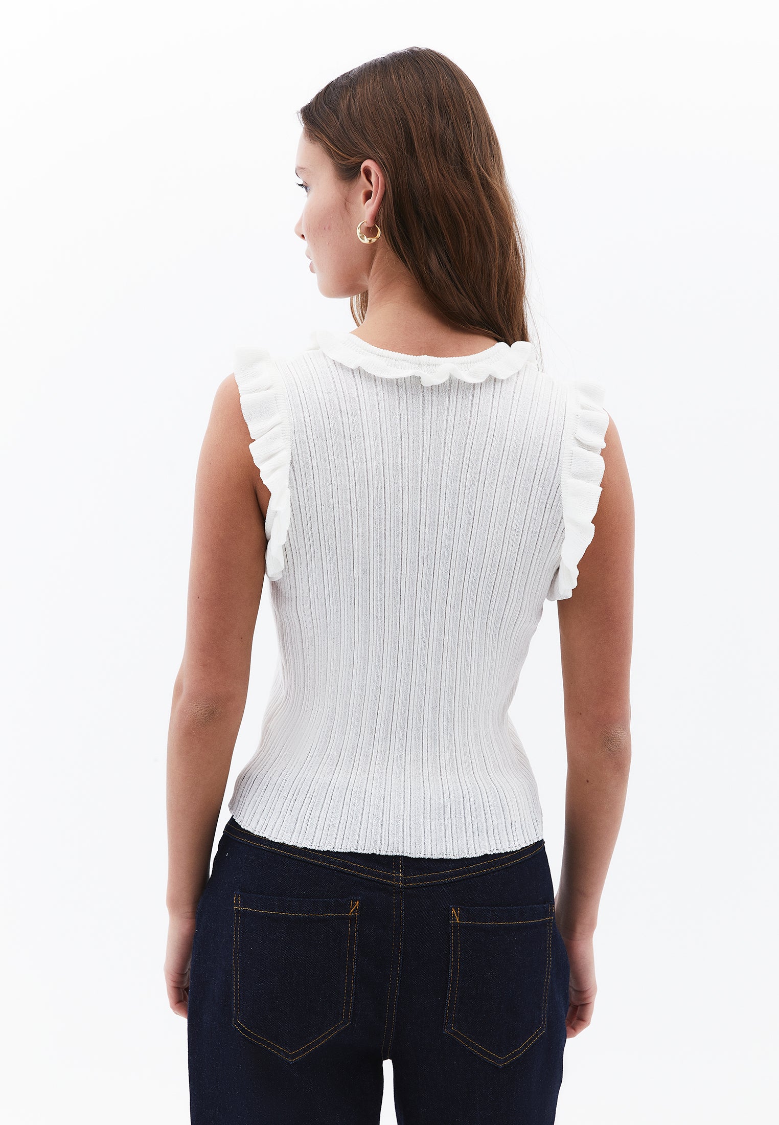 Vest With Ruffle Detailed V Neck - WHITE