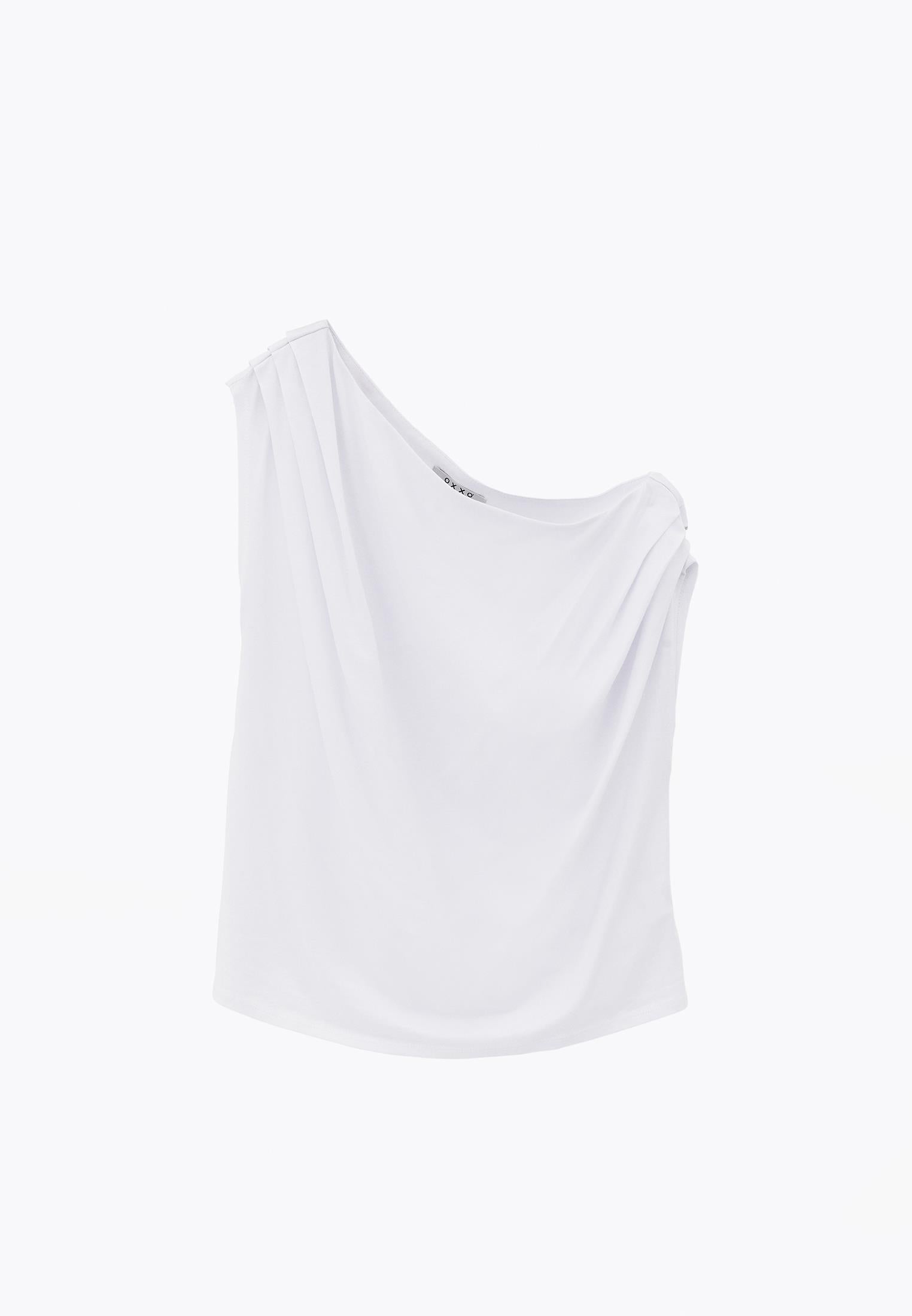 Pleated Asymmetric T-Shirt - WHITE
