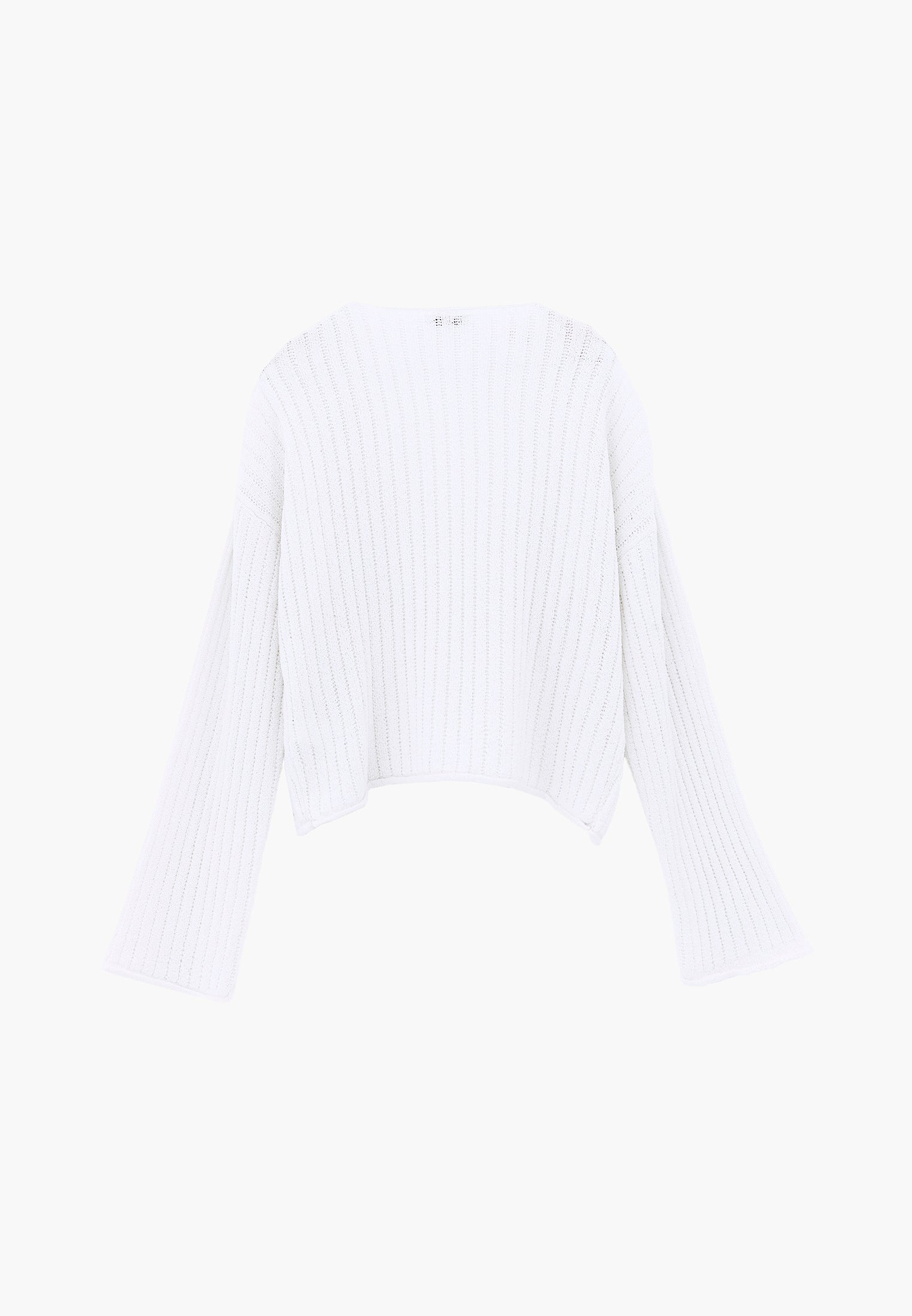 Ribbed V-Neck Long Sleeve Sweater - WHITE
