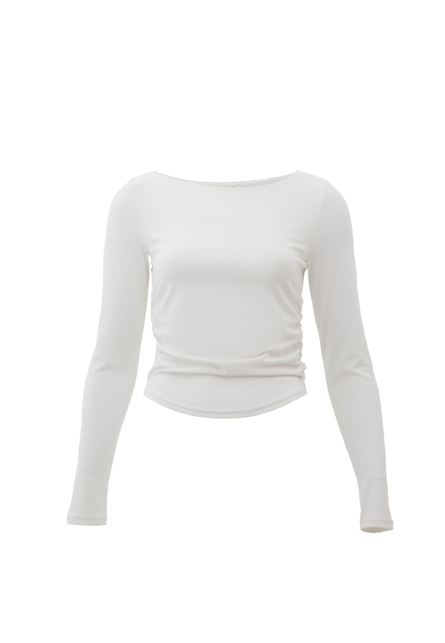 Boat Neck Long Sleeve Bodycon T-Shirt - WHITE