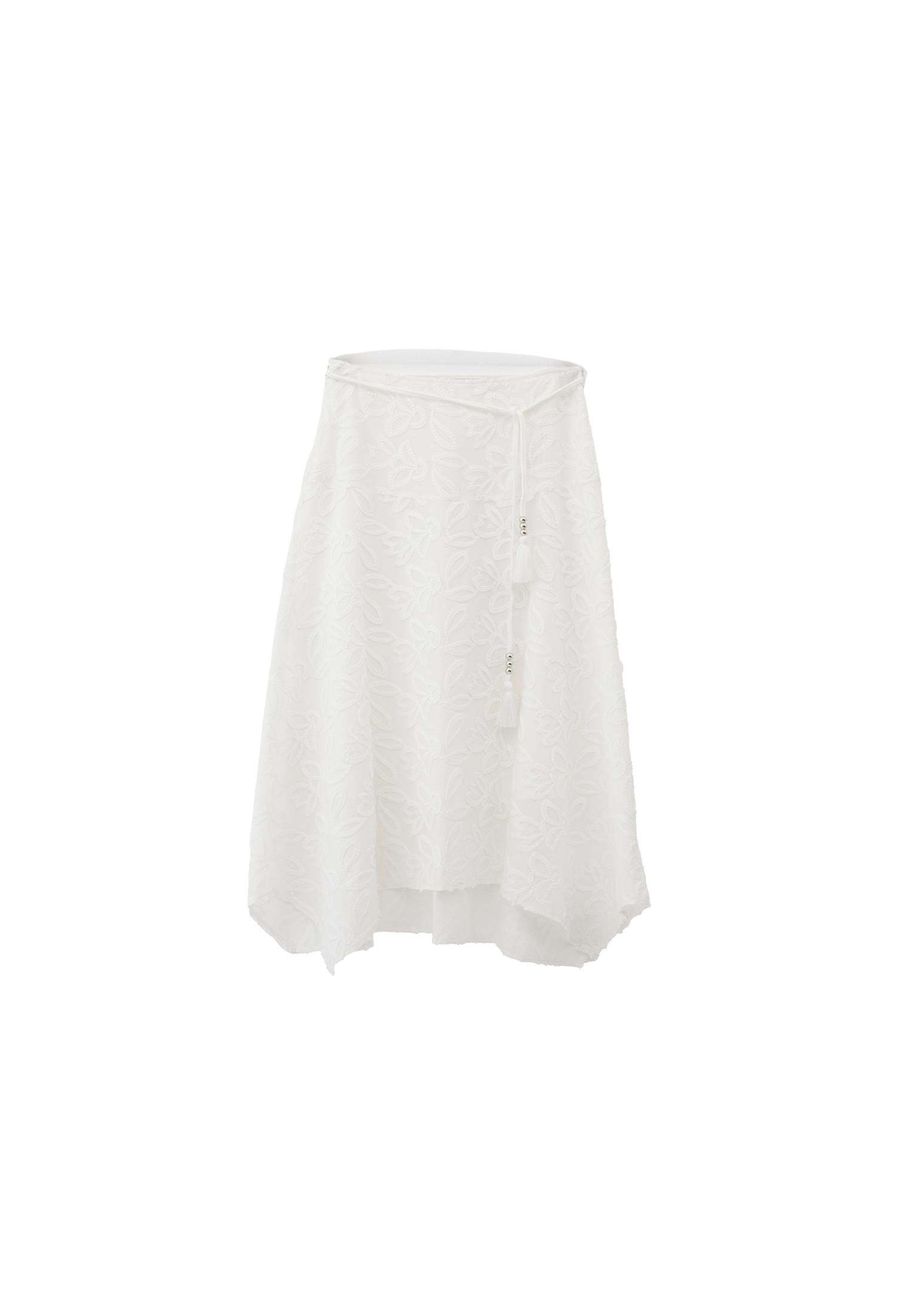 Belted Asymmetric Embroidered Midi Skirt - WHITE