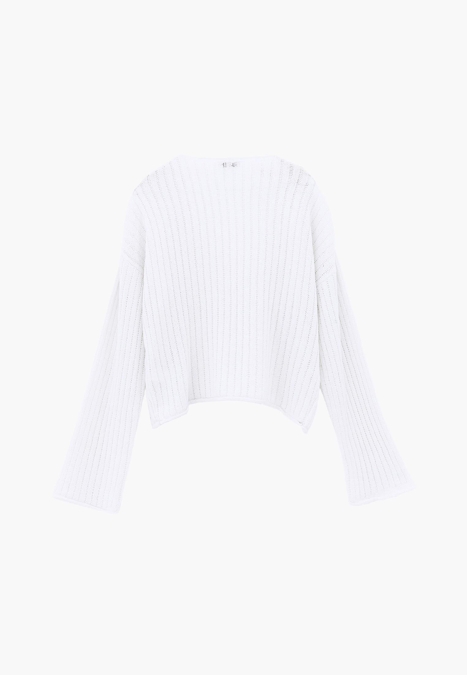 Ribbed V-Neck Long Sleeve Sweater - WHITE