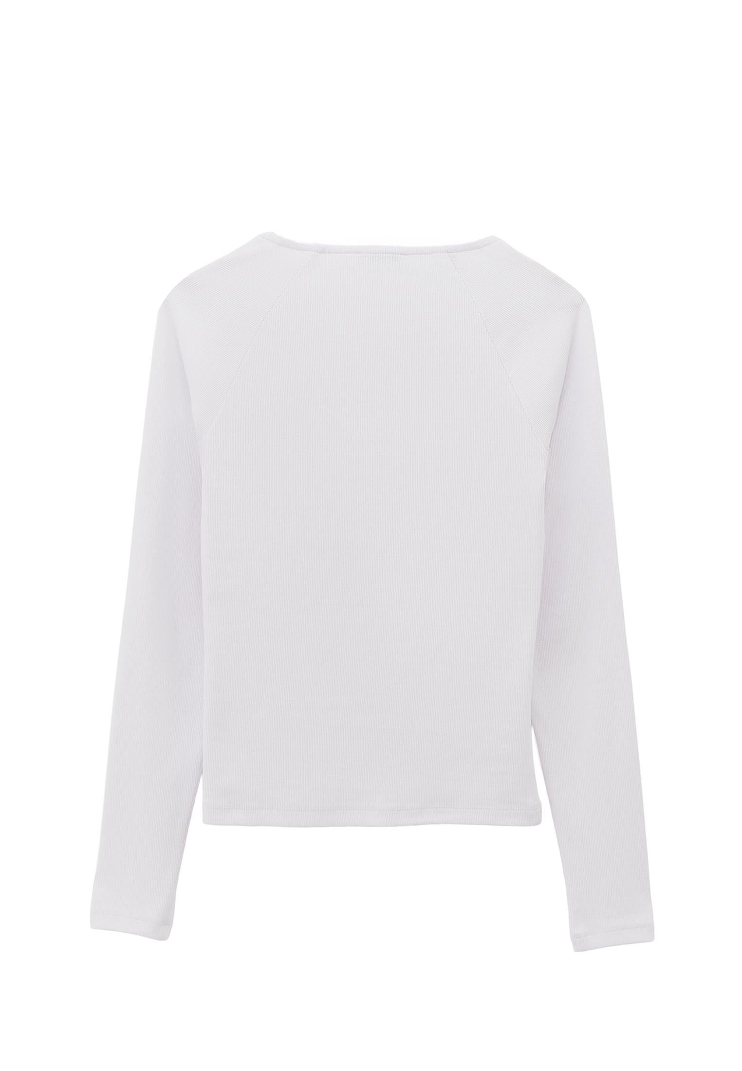 Ribbed Fabric Button Detailed V Neck Long Sleeve T-Shirt - WHITE