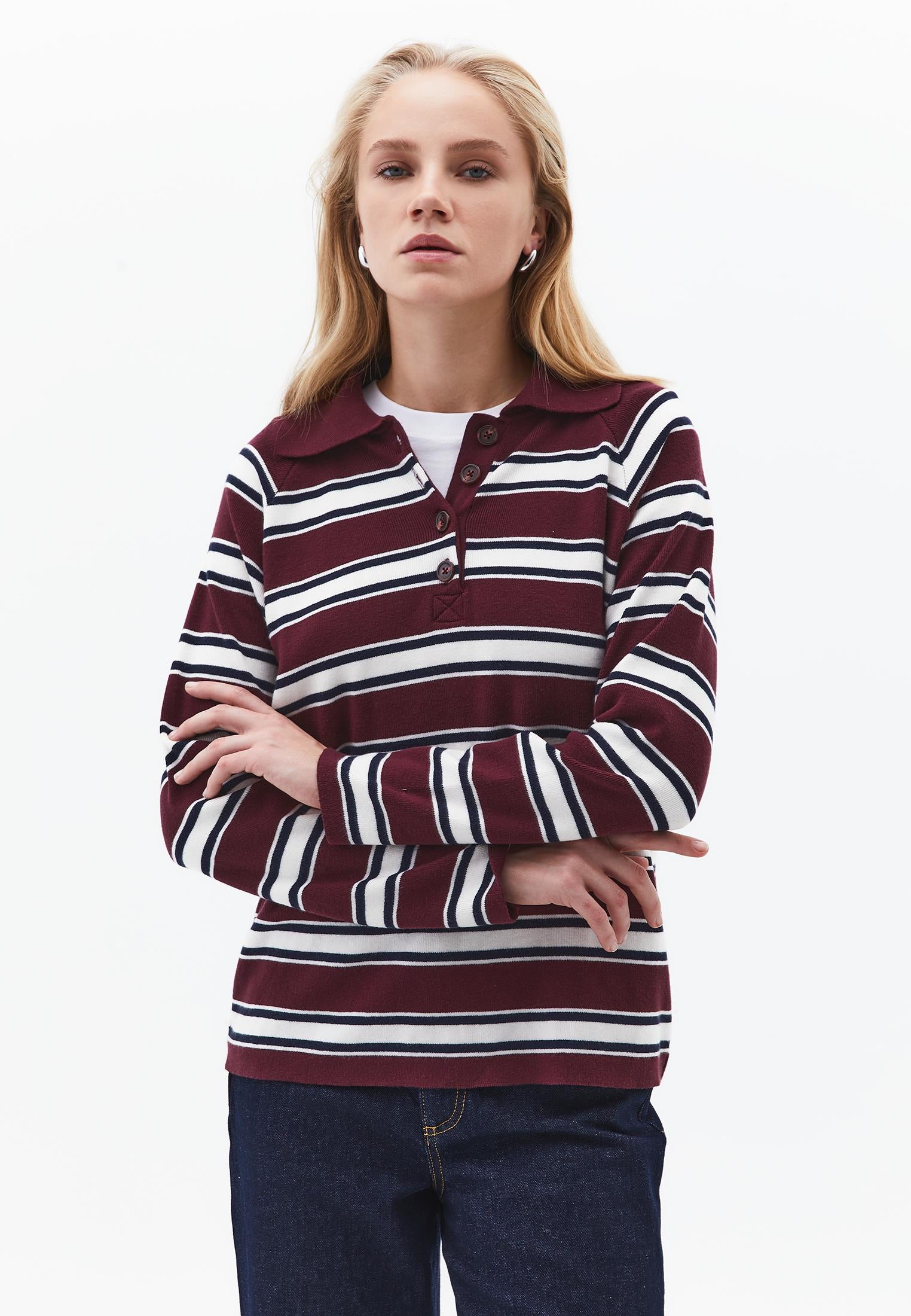 Polo Neck Striped Sweater - WINETASTING STRIPE
