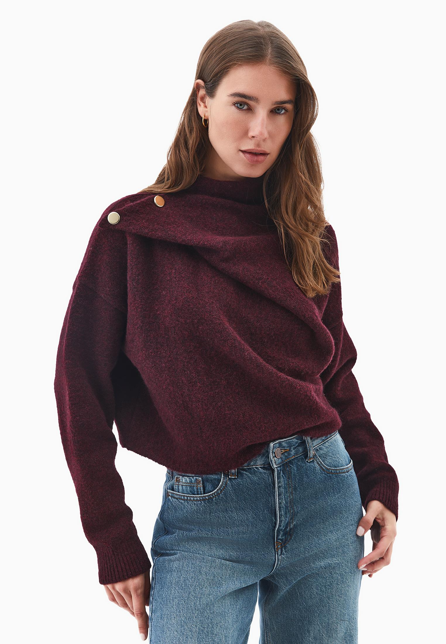 High Neck Button Detailed Sweater - WINETASTING