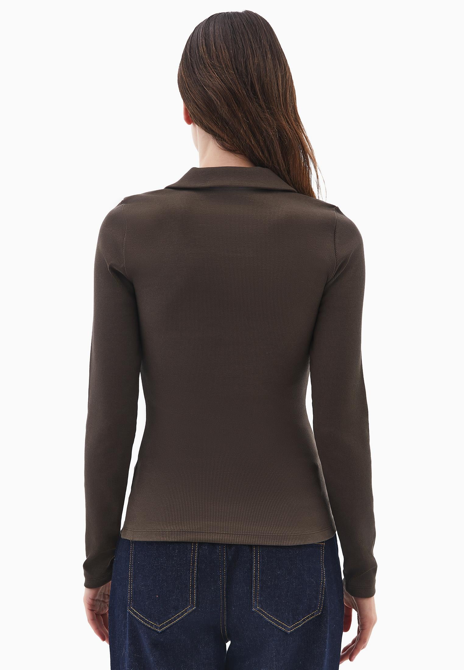 Polo Collar Long Sleeve Bodycon T-Shirt - WREN