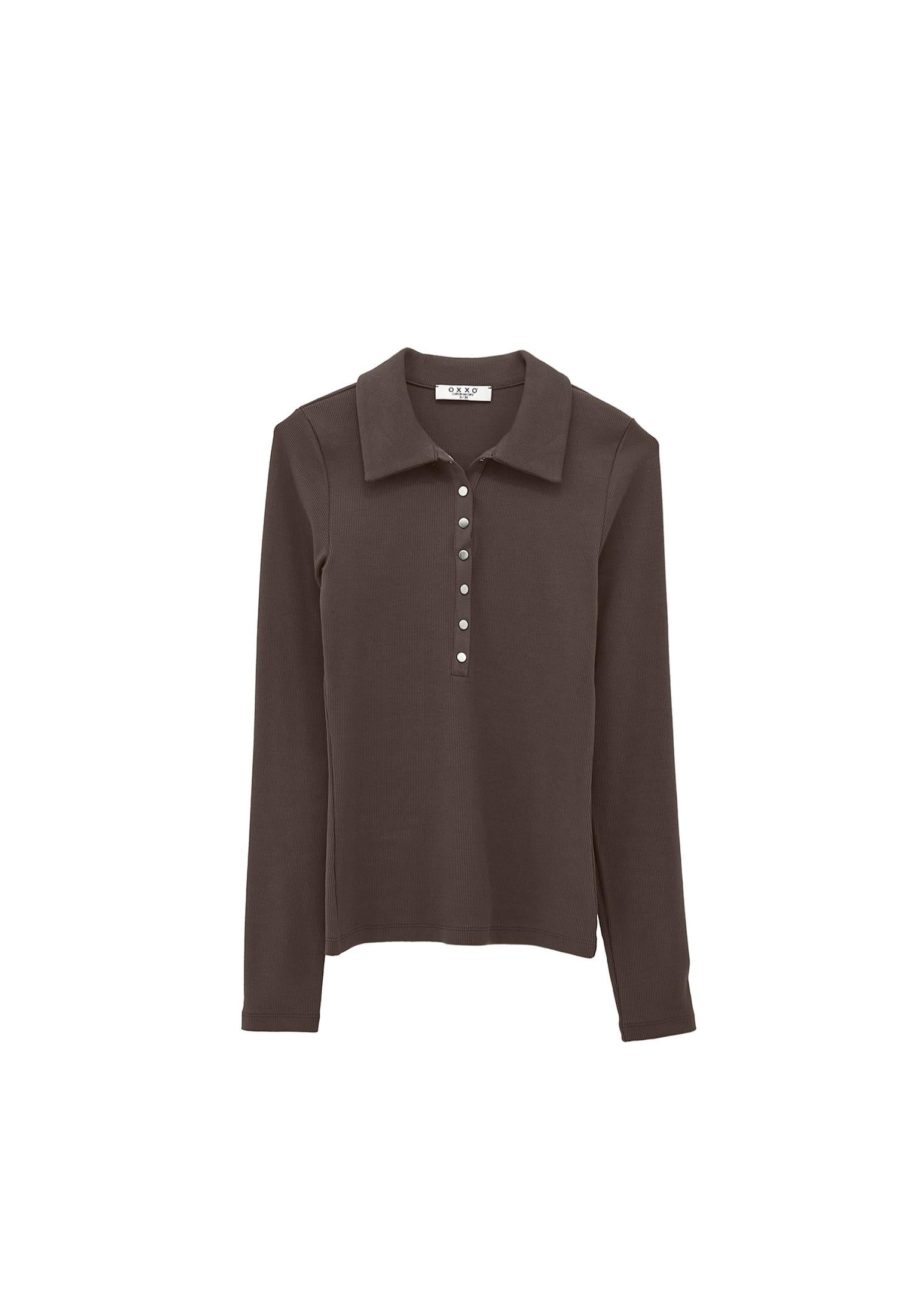 Polo Collar Long Sleeve Bodycon T-Shirt - WREN