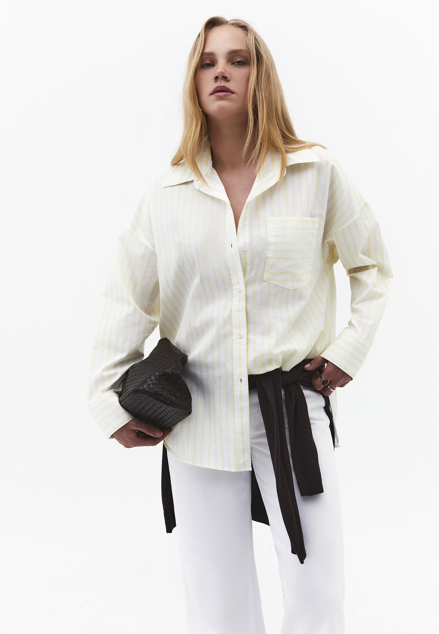 Oversize Shirt Collar Long Sleeve Shirt - YELLOW PEAR STRIPE